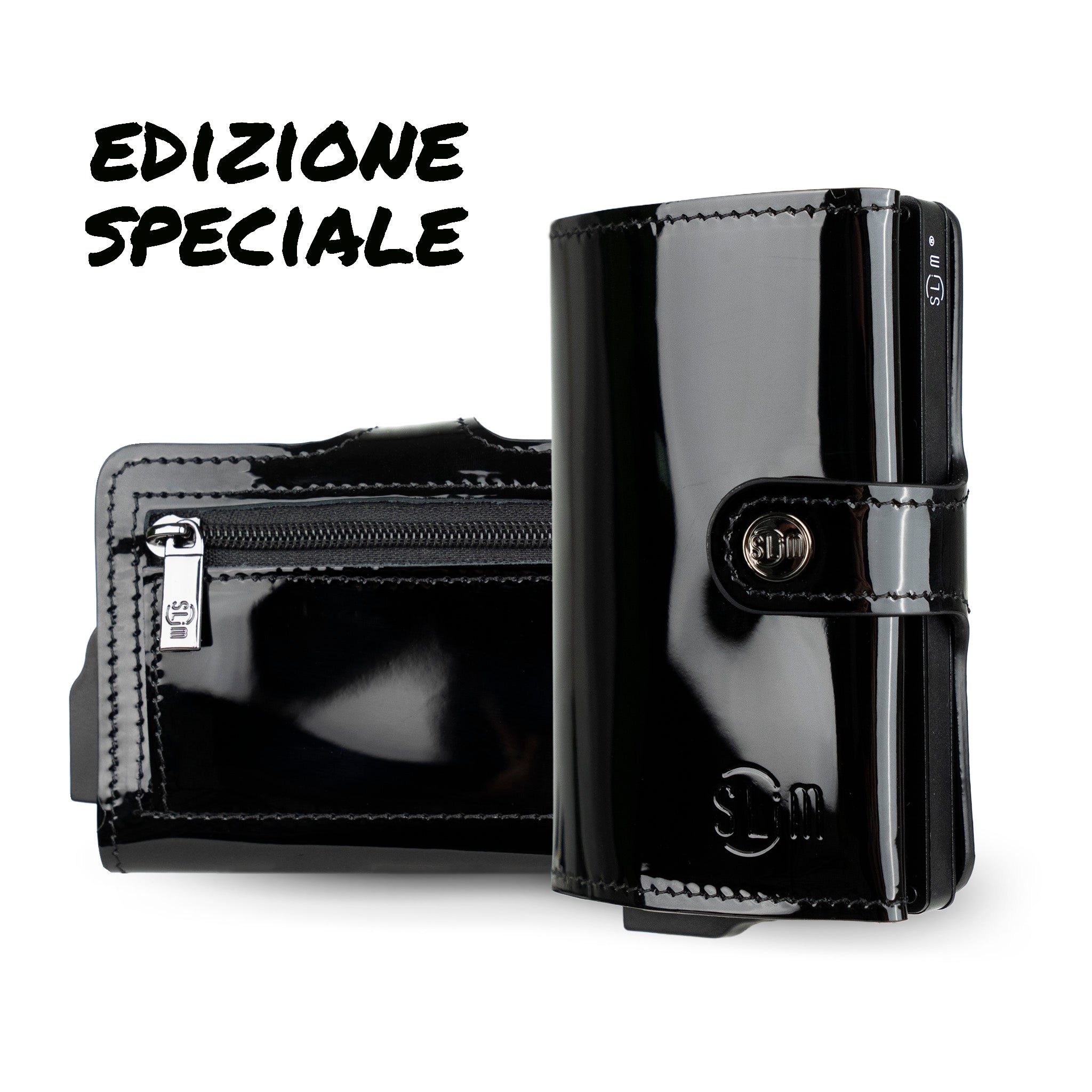 SLim Vera Pelle portacarte Specchio Nero con zip RFID