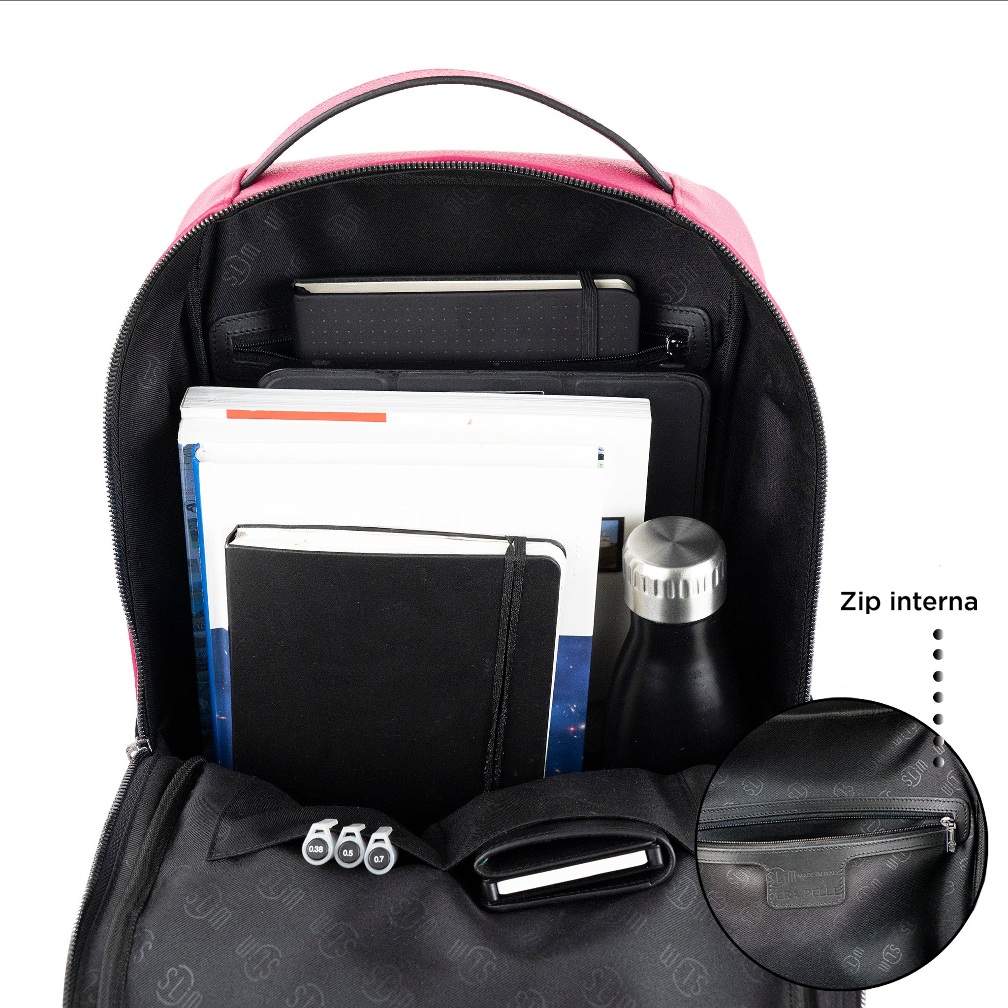 SLim Zaino Medio Vera Pelle Bottalato Fucsia 8,5 L