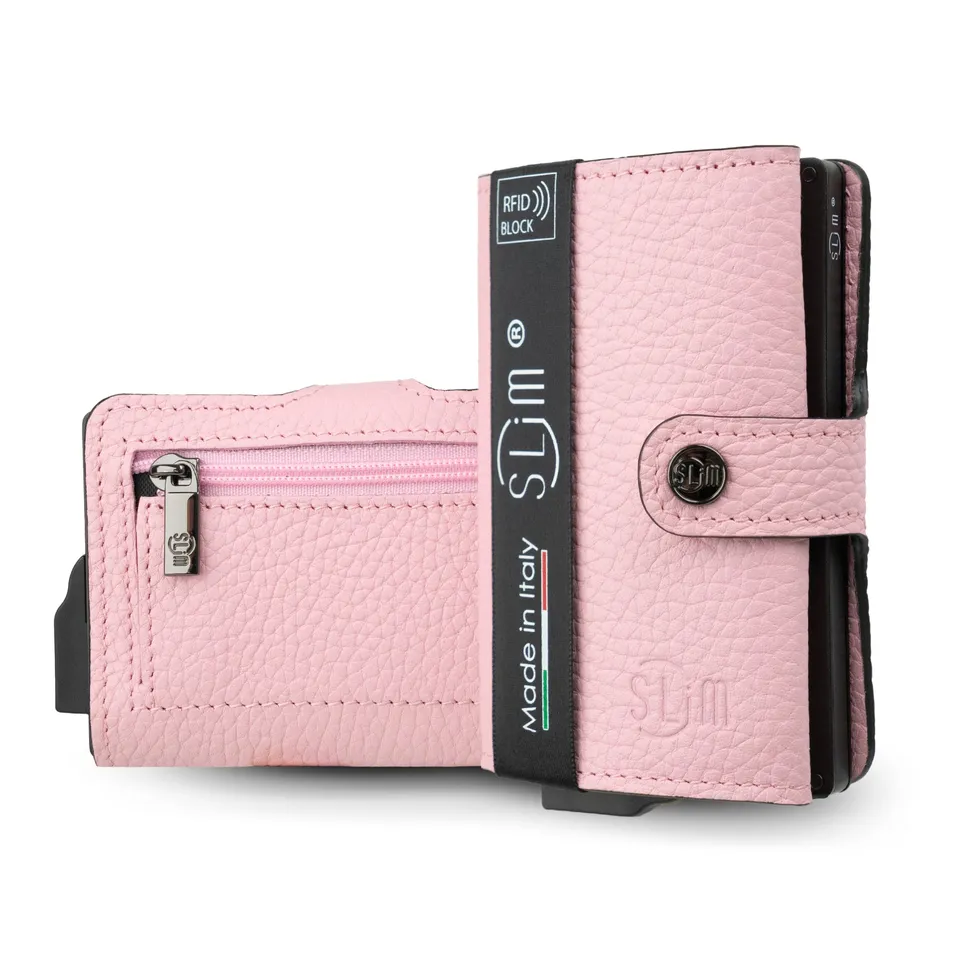 SLim Bottalato Portafoglio Compatto Pelle Rosa con Zip