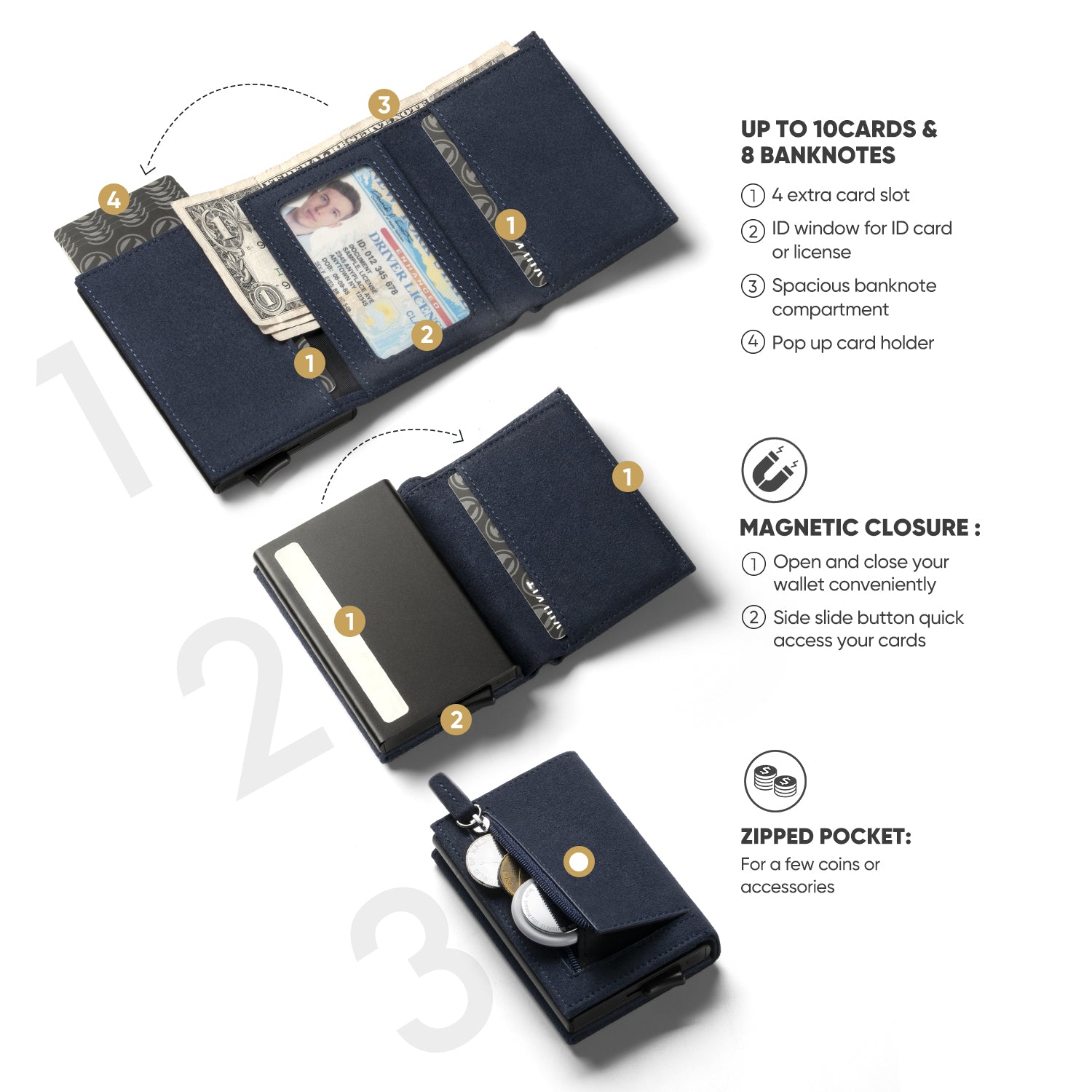 VULKIT Alcantara VC203A Portafoglio Trifold RFID Marrone