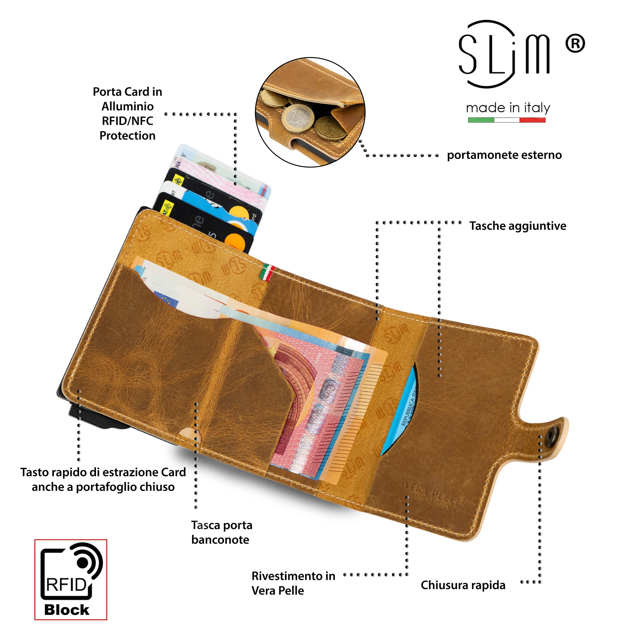 SLim Crazy Horse porta carte sabbia con zip RFID 12 carte