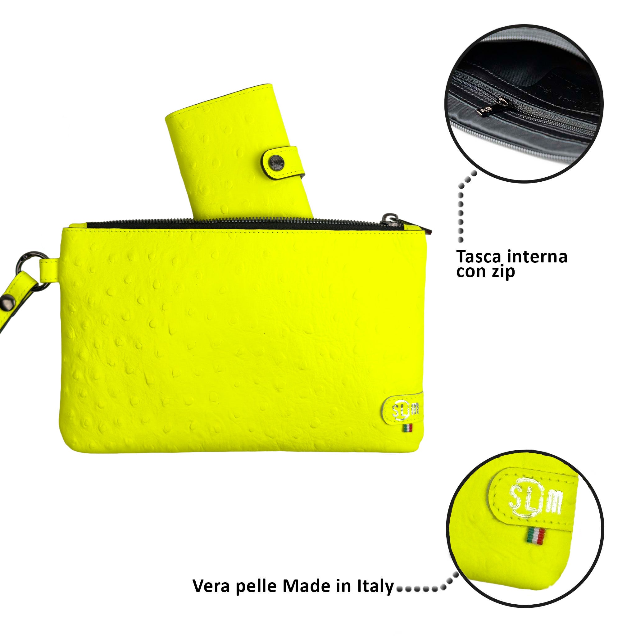 SLim Pochette Polsiera pelle struzzo giallo fluo 23x14 cm