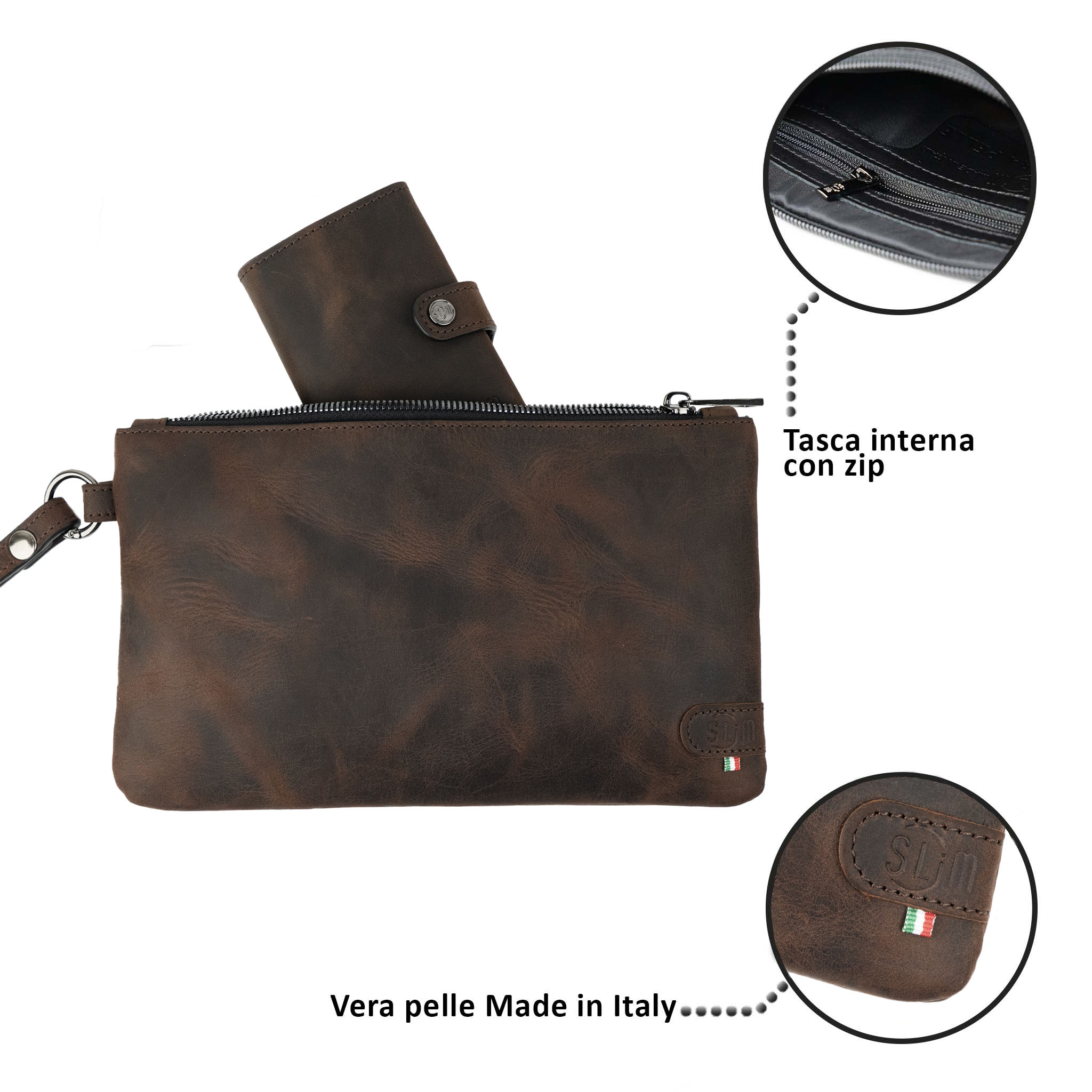 SLim Pochette polsiera Crazy Horse dark brown pelle