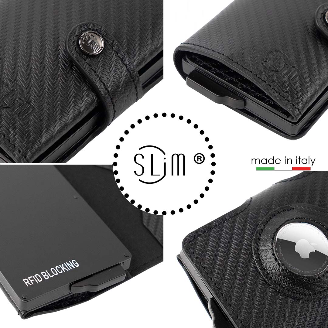 SLim Vera Pelle Carbon portafoglio compatto AirTag RFID