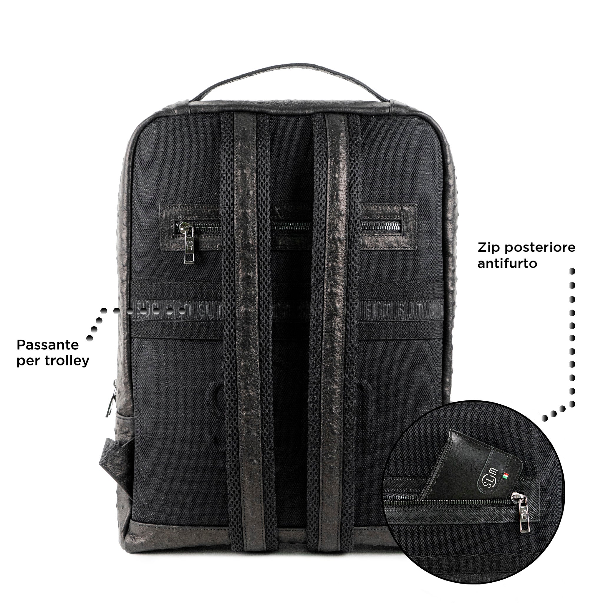 SLim Zaino Grande pelle struzzo nero 19L laptop 16" artigianale
