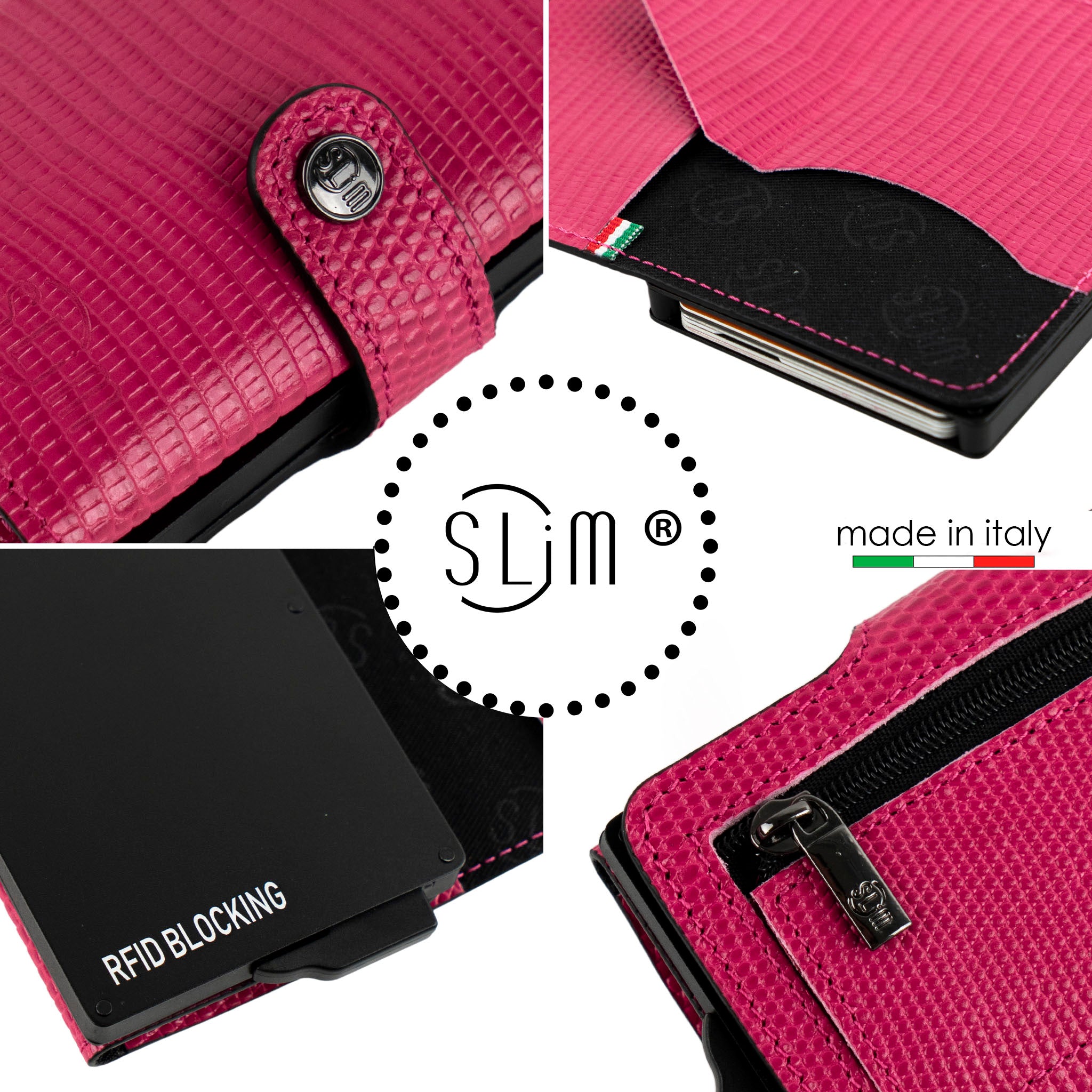 SLim Vera Pelle Tejus Portacarte Fucsia RFID 12 Carte