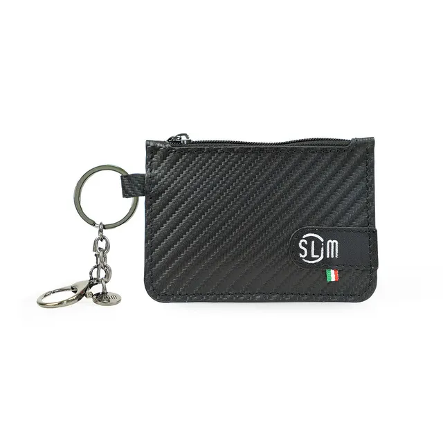 SLim Portachiavi portamonete Carbon Nero vera pelle