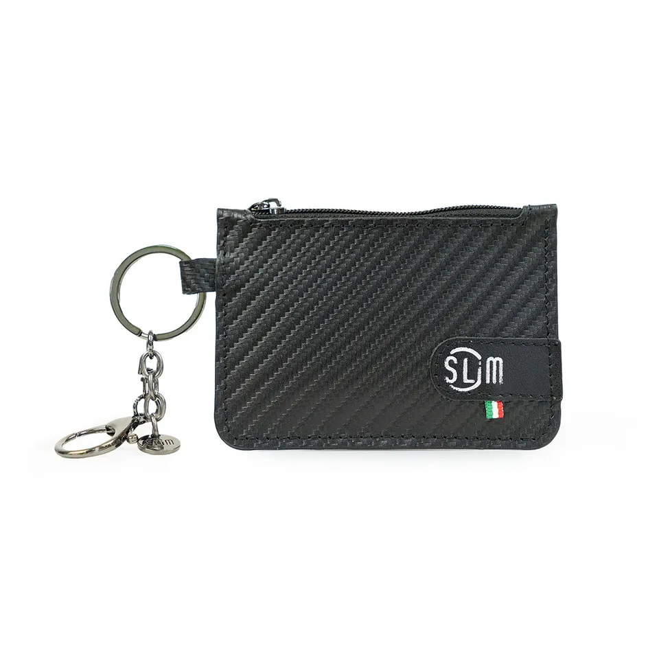 SLim Portachiavi portamonete Carbon Nero vera pelle