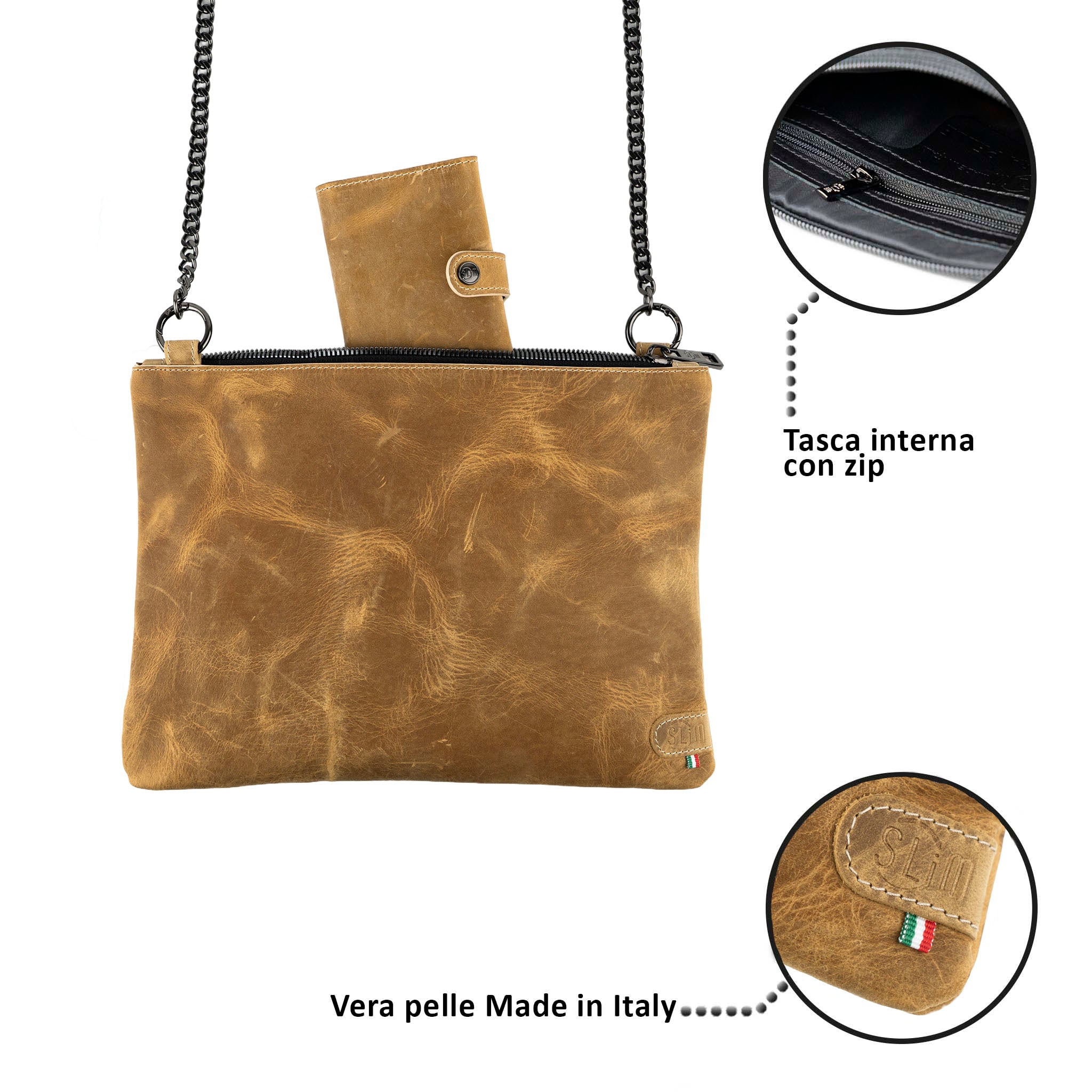 SLim Pochette Tracolla Pelle Crazy Sabbia 23x14 cm