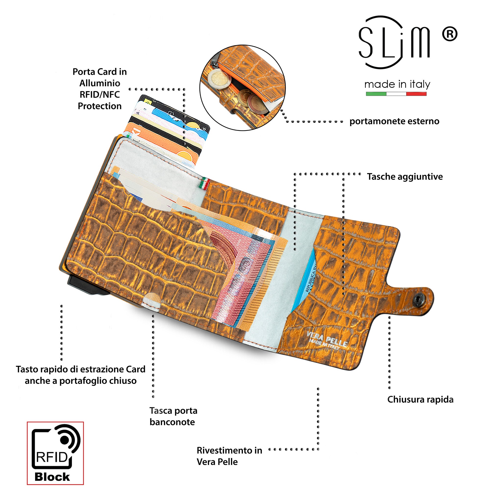 SLim Stampa Cocco Metal Arancio portafoglio 12 carte RFID