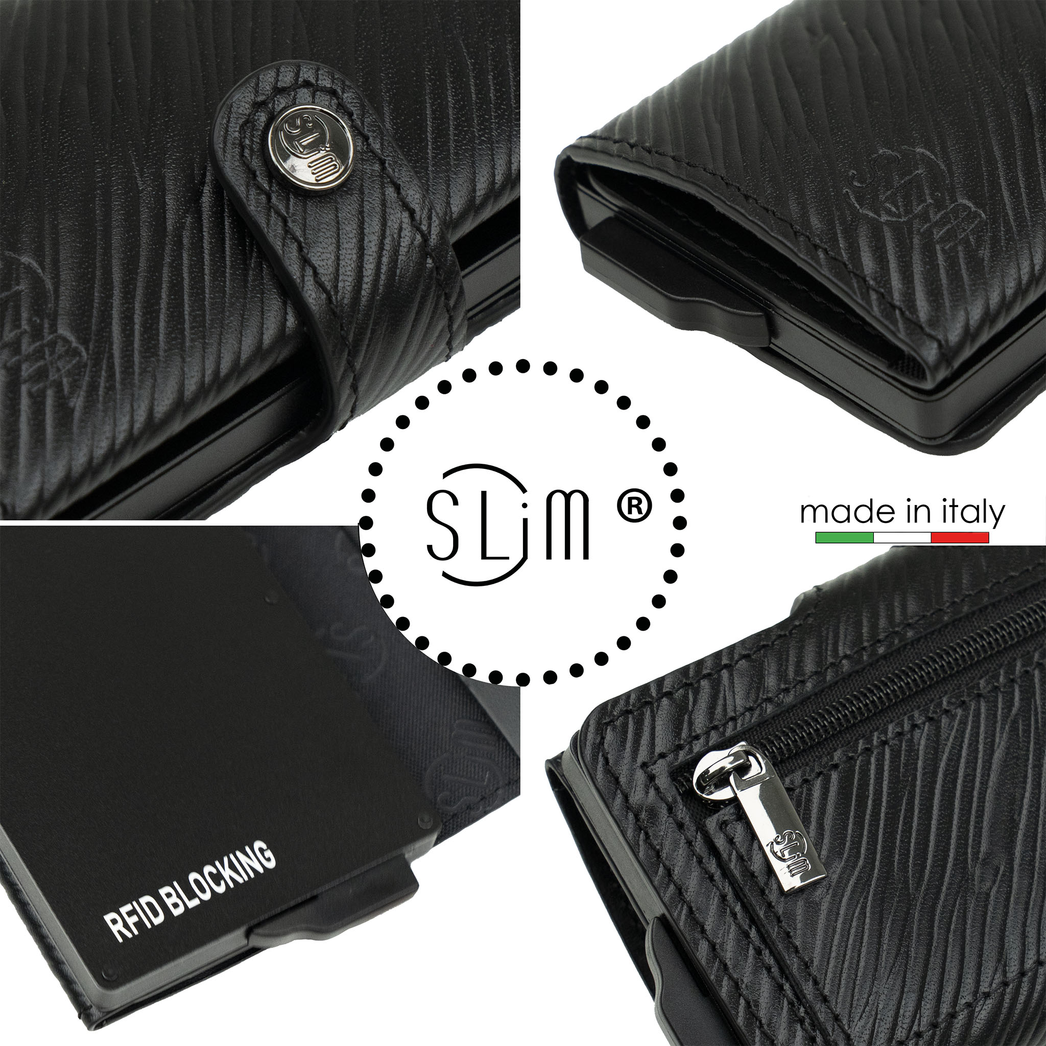 SLim Vera Pelle Epi portafoglio compatto Nero con zip RFID