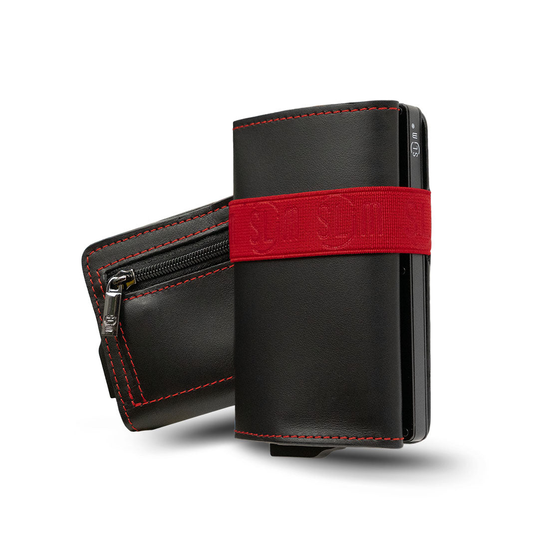 SLim Vera Pelle E portafoglio Nero Elastico Rosso zip RFID