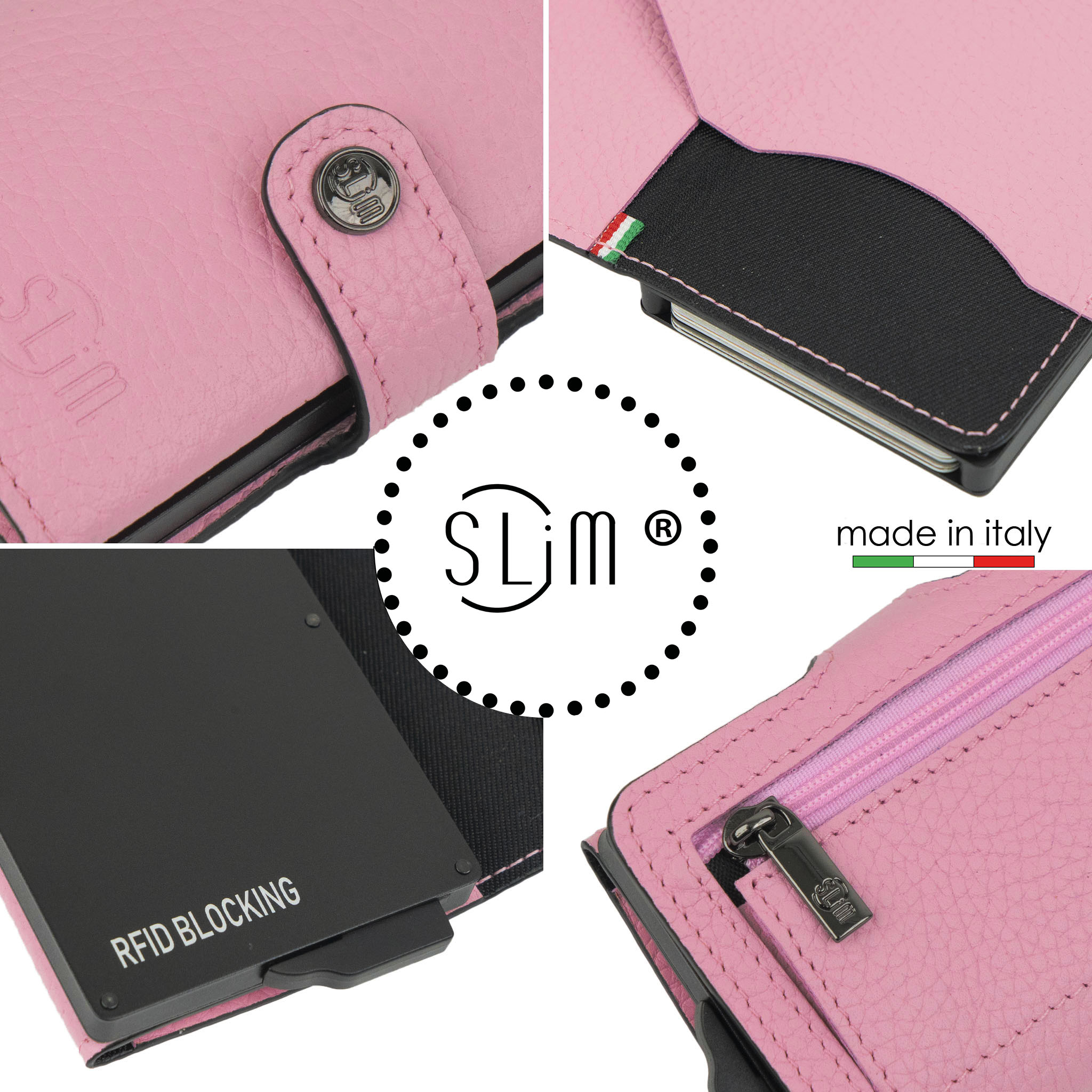 SLim Bottalato Portafoglio Compatto Pelle Pink RFID 12 Carte