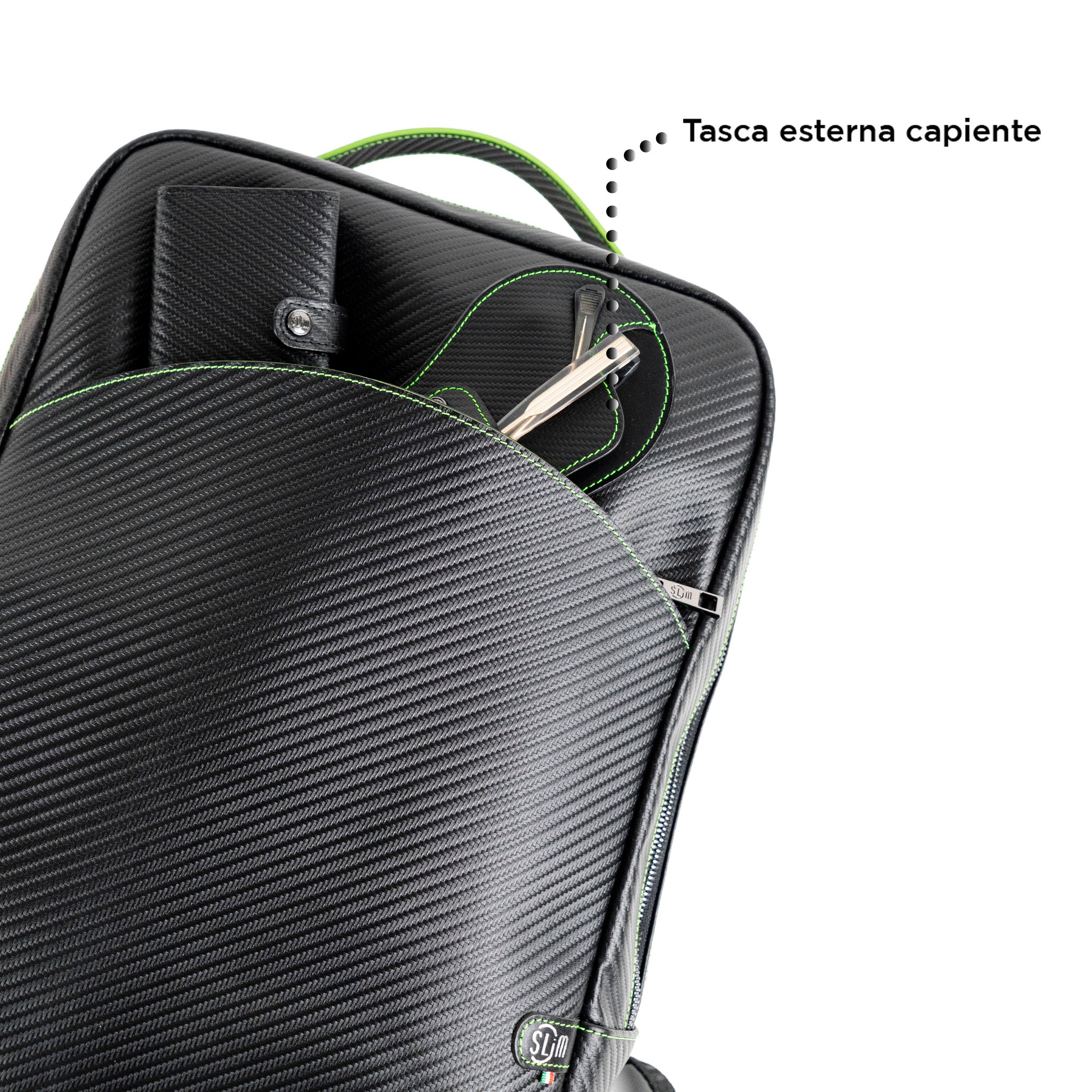 SLim Zaino Vera Pelle Carbon Nero cuciture Verdi 19 L