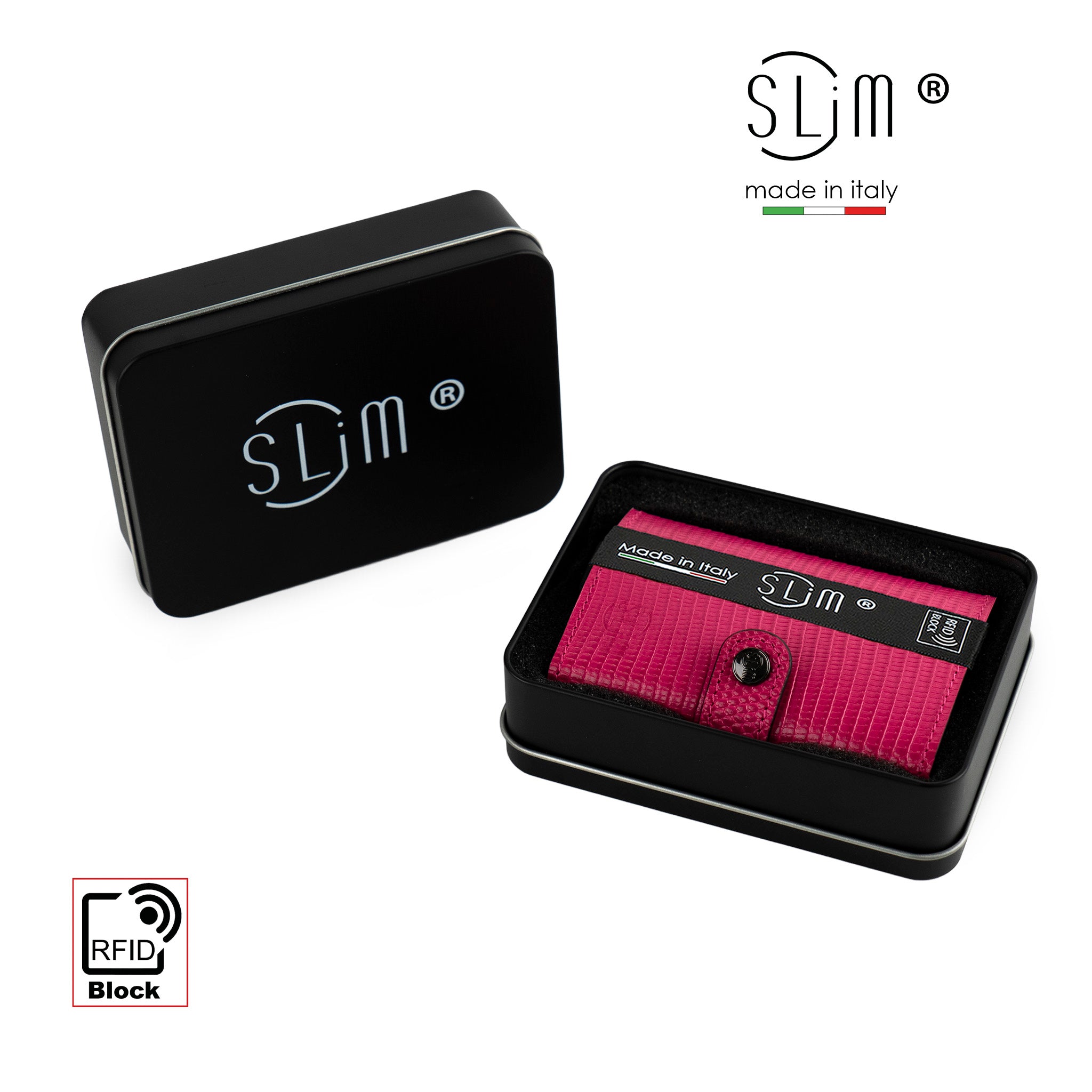 SLim Vera Pelle Tejus Portacarte Fucsia RFID 12 Carte