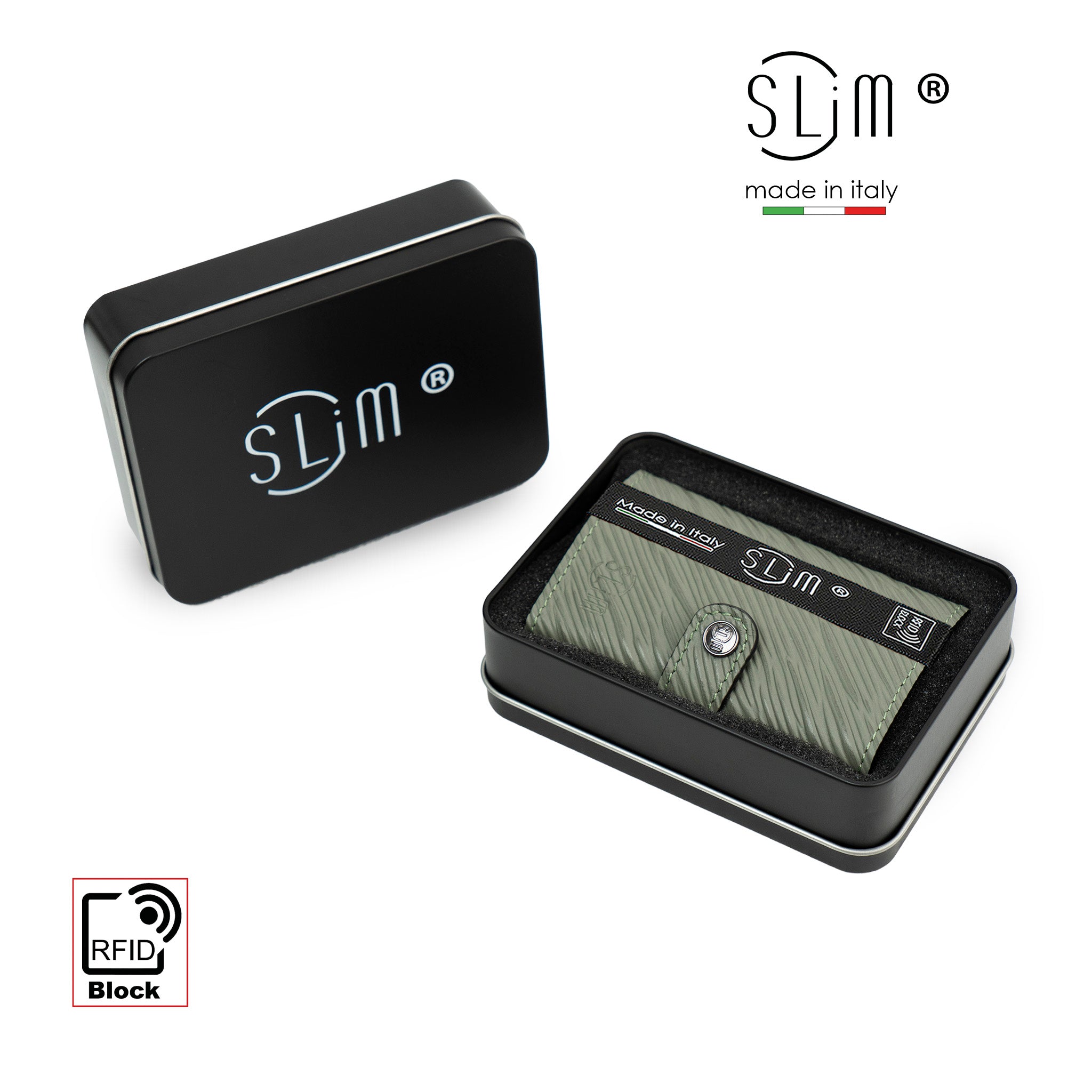 SLim Vera Pelle Stampa Epi Salvia Portafoglio Compatto RFID