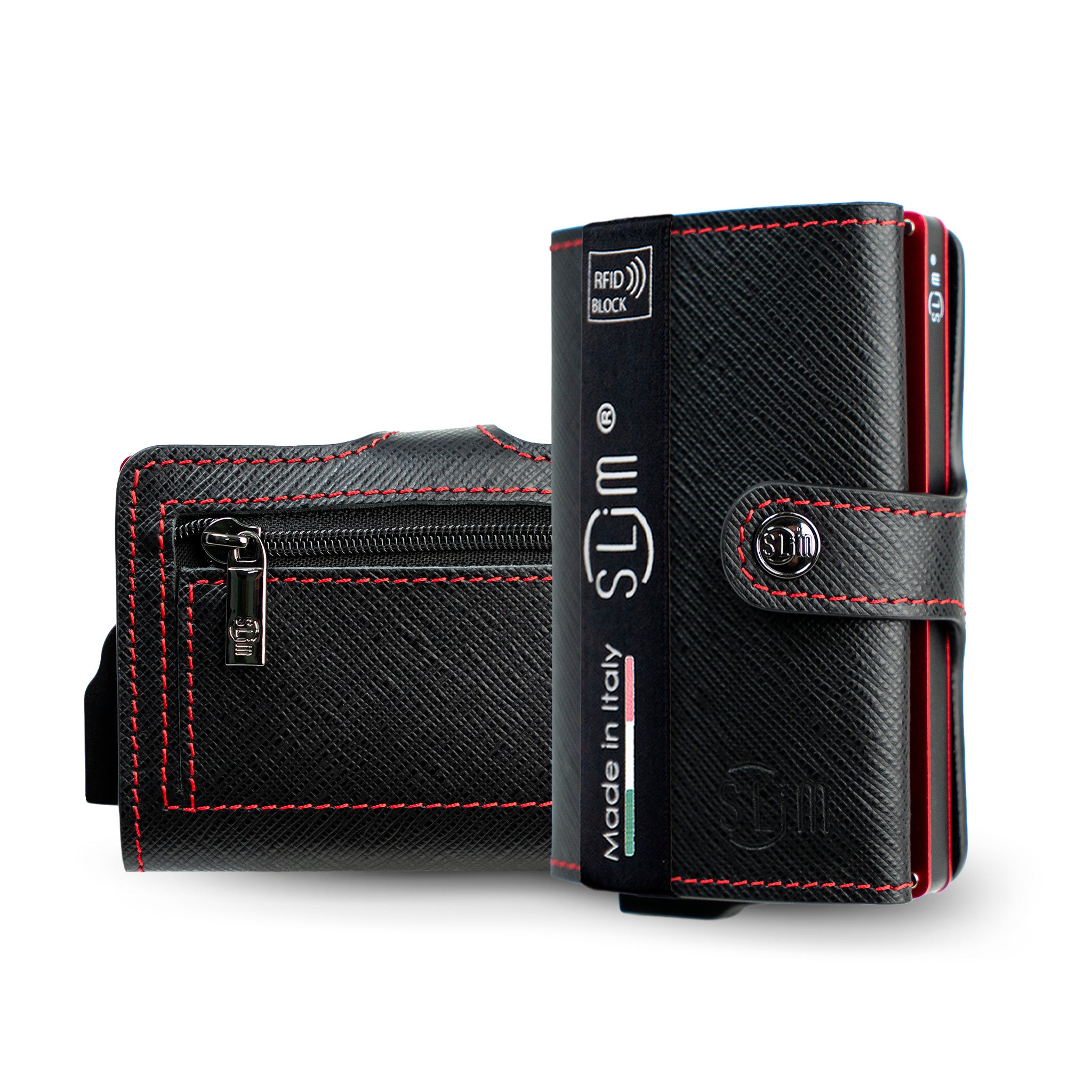 SLim Saffiano portacarte nero cuciture cassa rossa