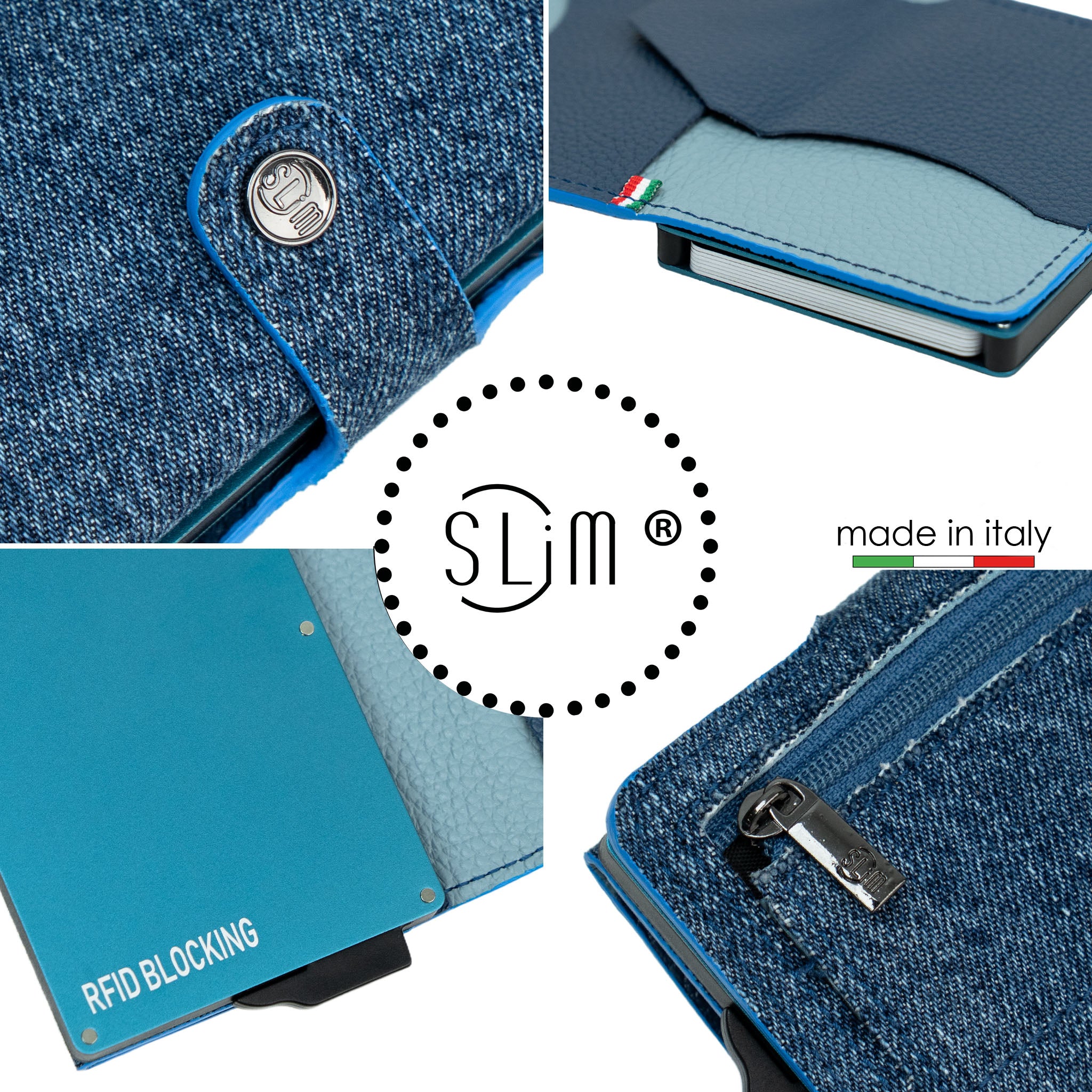 SLim Vera Pelle Porta Carte Jeans Blu con Zip Monete
