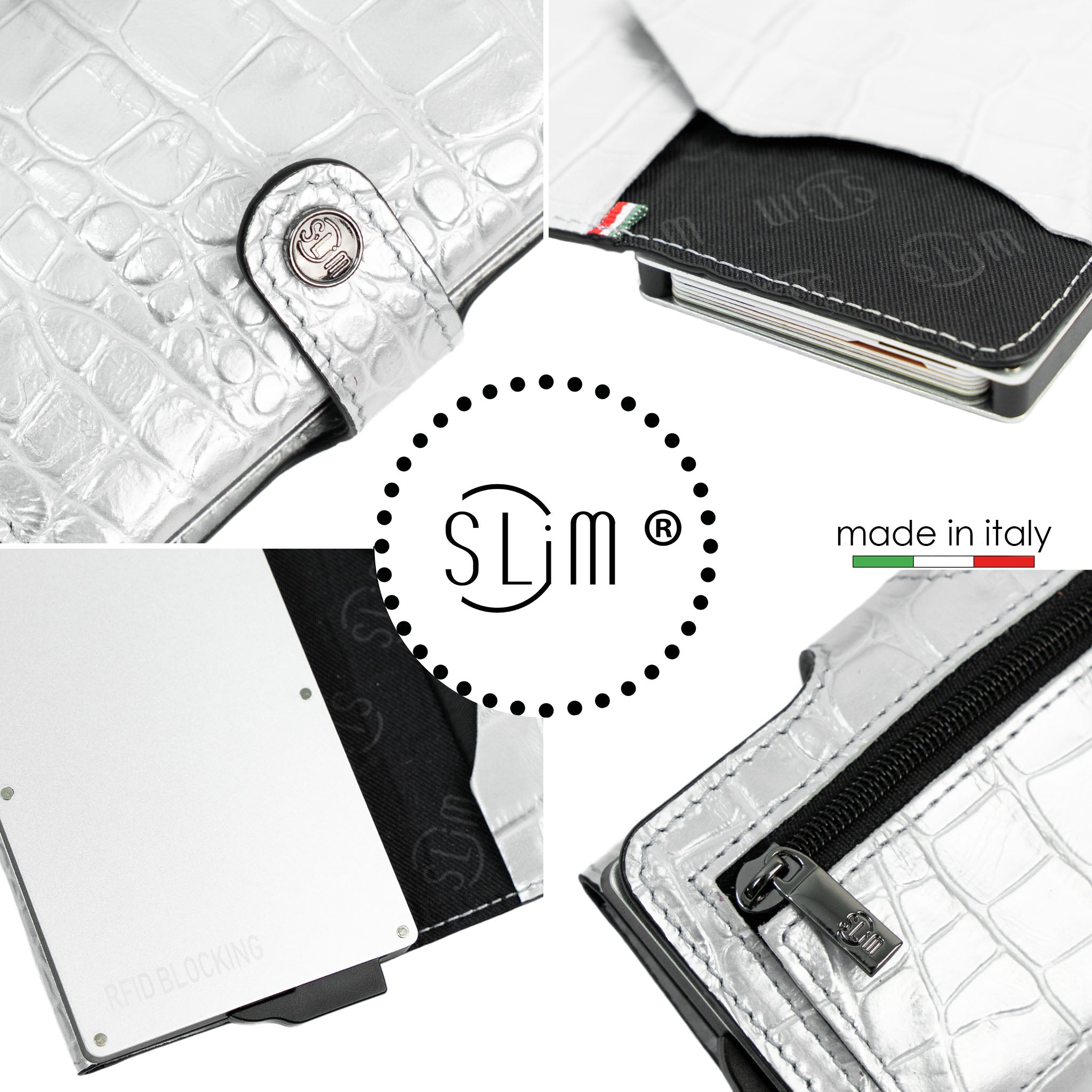 SLim Stampa Cocco Portacarte Pelle Argento RFID 12 Carte