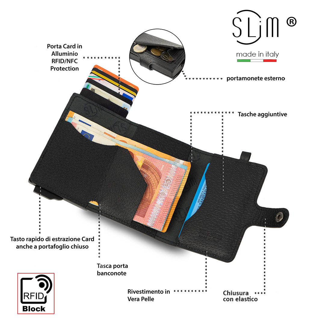 SLim Necklace Portafoglio Nero Zip Doppia Cassa RFID