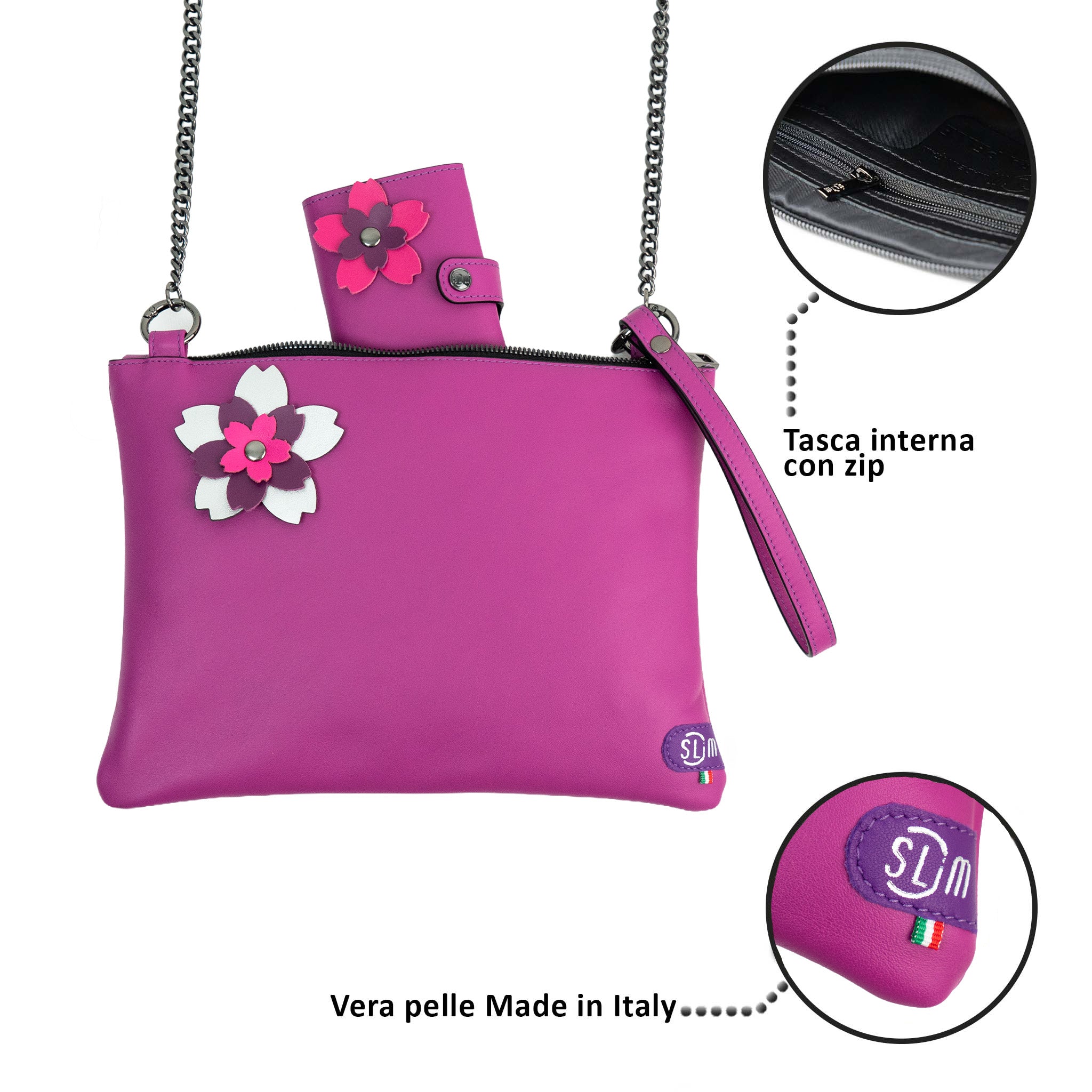 SLim Pochette Tracolla Ciclamino Flower pelle 23x14 cm