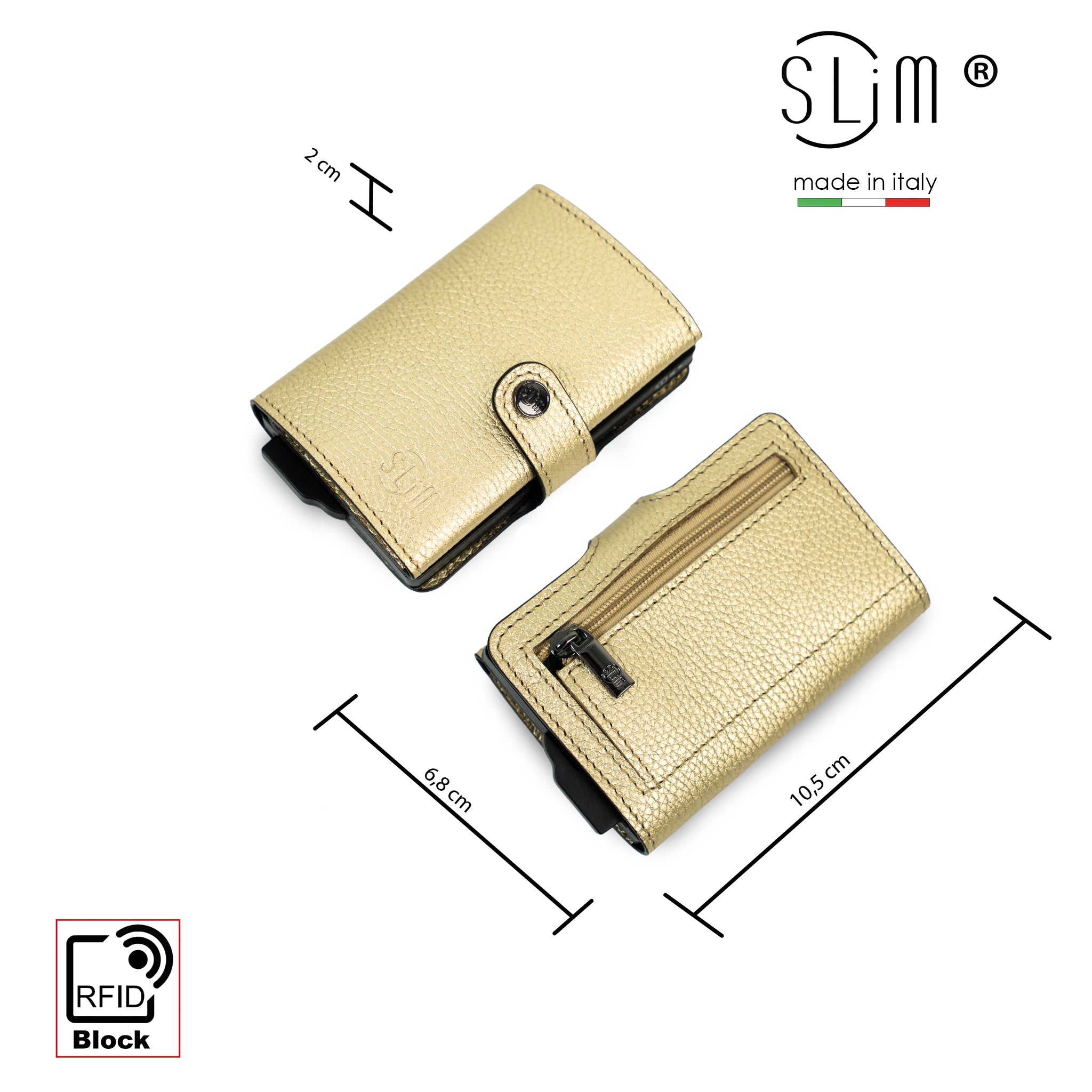 SLim Bottalato portafoglio compatto oro vera pelle RFID