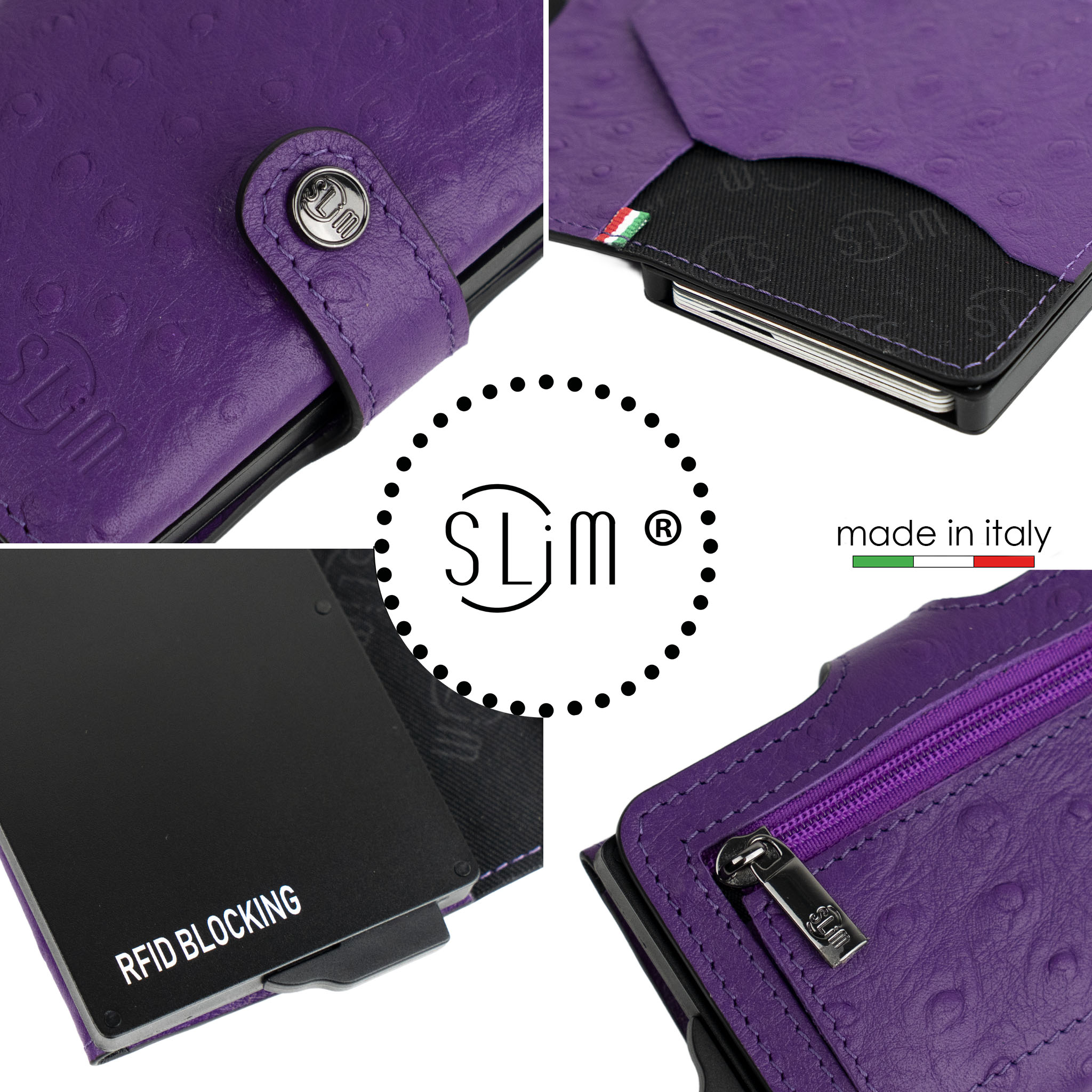 SLim Vera Pelle Portafoglio Stampa Struzzo Viola compatto RFID