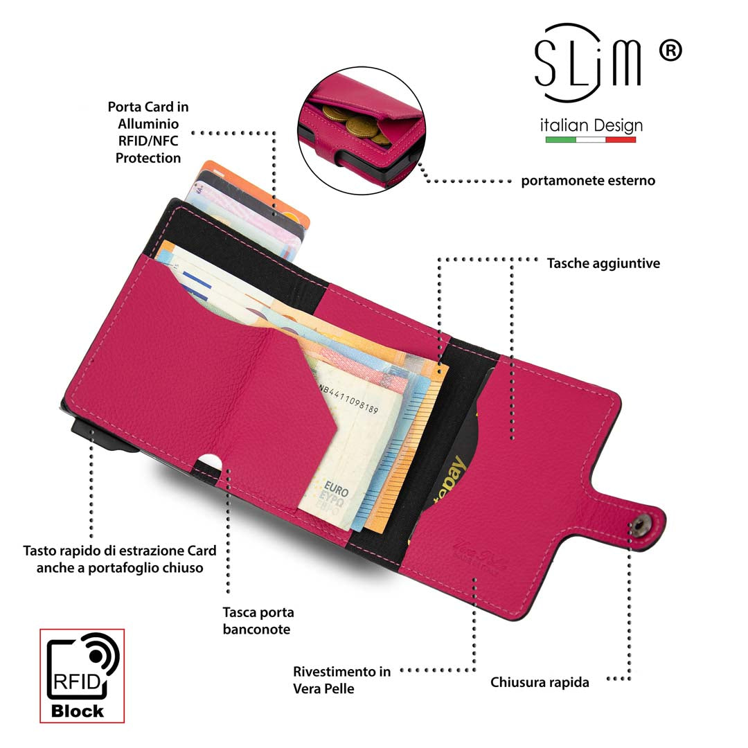 SLim Bottalato Portafoglio Pelle Fucsia Zip Monete RFID