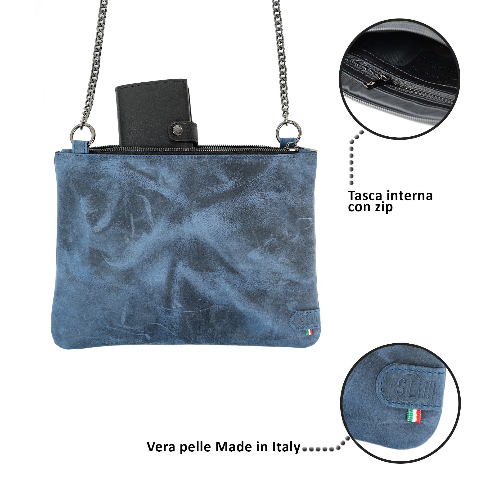 SLim Pochette Tracolla Vera Pelle Crazy Blu 23 cm