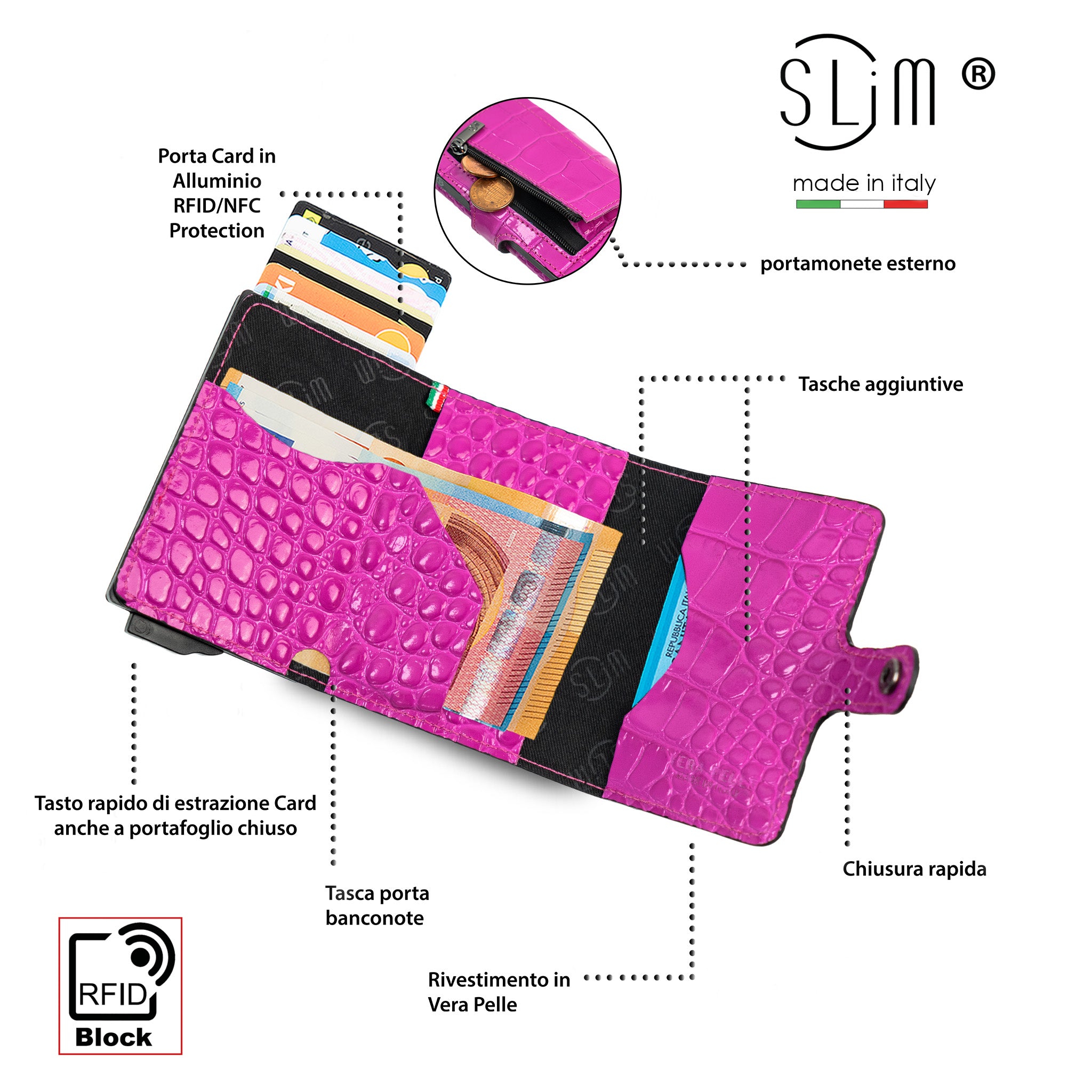 SLim Stampa Cocco portacarte fucsia vera pelle RFID