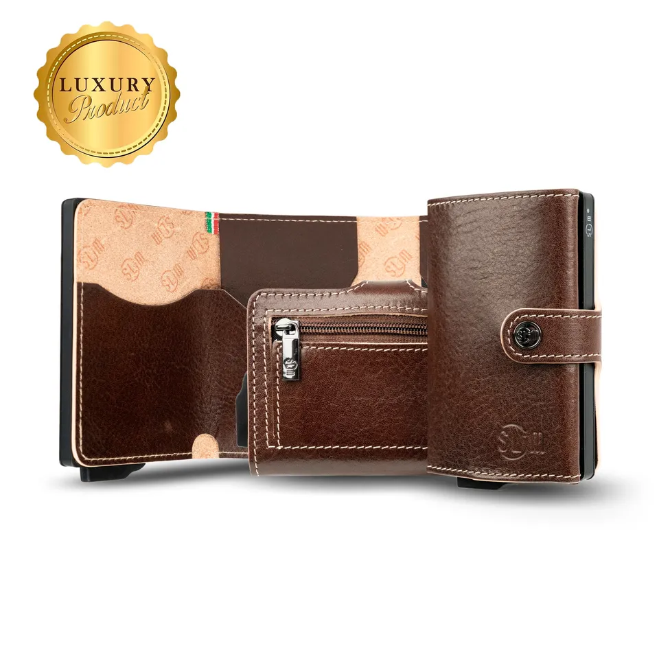 SLim Vera Pelle Portafoglio Marrone Vegetale Zip RFID 12 Carte