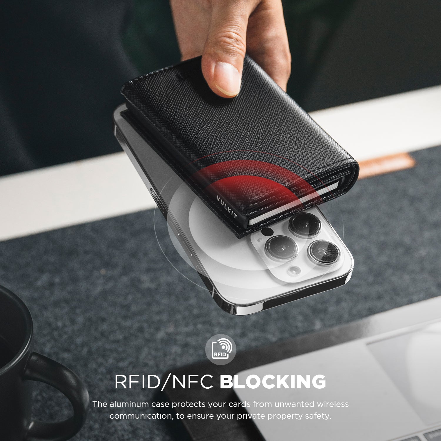 VULKIT VC208 portacarte pelle nero RFID con leva