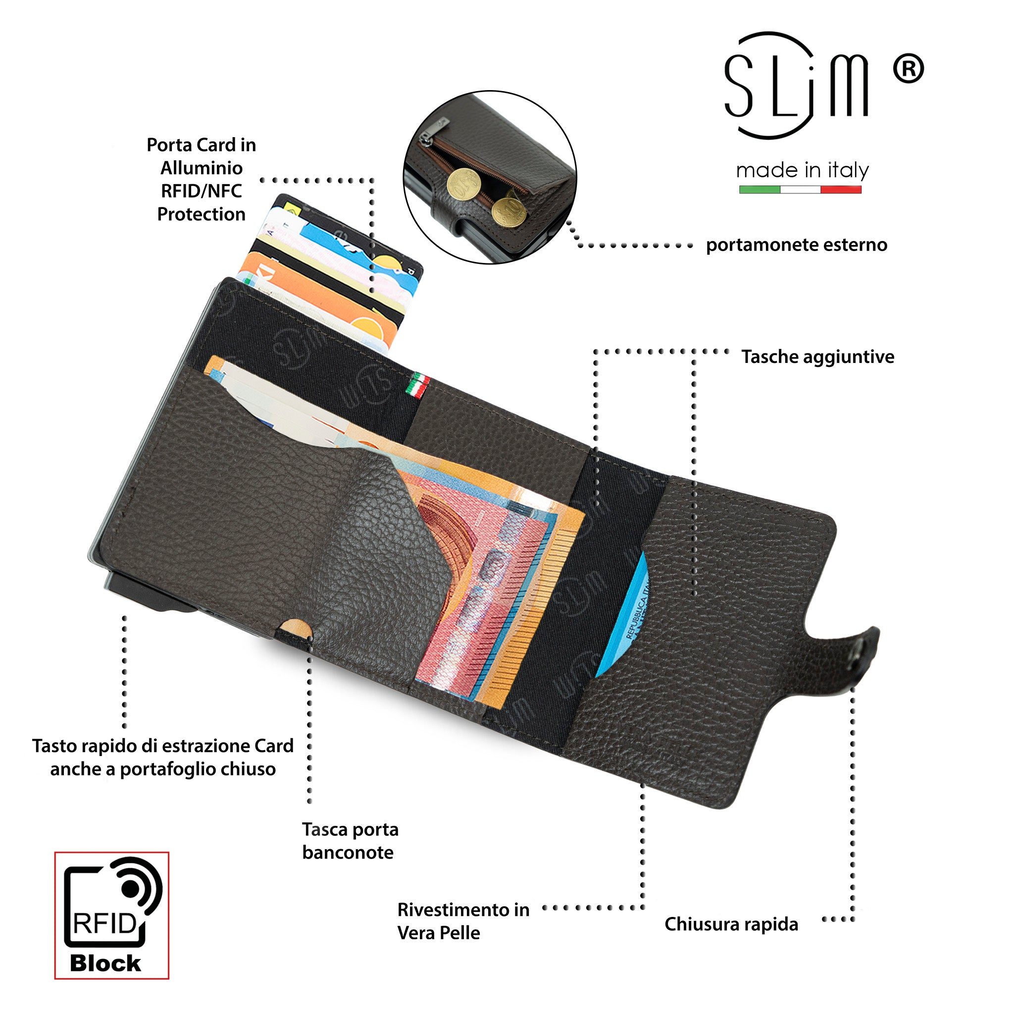 SLim Bottalato Portacarte Doppia Cassa Marrone RFID