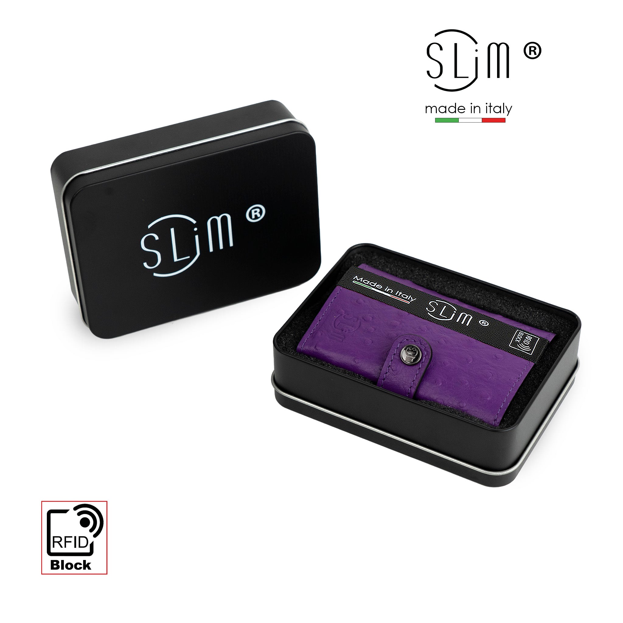 SLim Vera Pelle Portafoglio Stampa Struzzo Viola compatto RFID