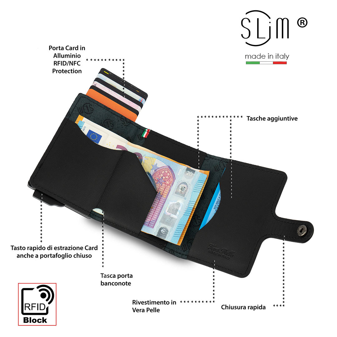 SLim Vera Pelle AirTag Nero portafoglio compatto RFID 12 carte