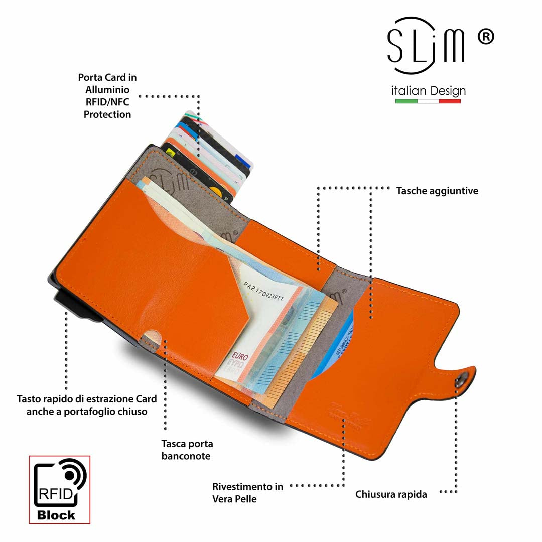SLim Portacarte pelle testa moro arancio senza zip RFID