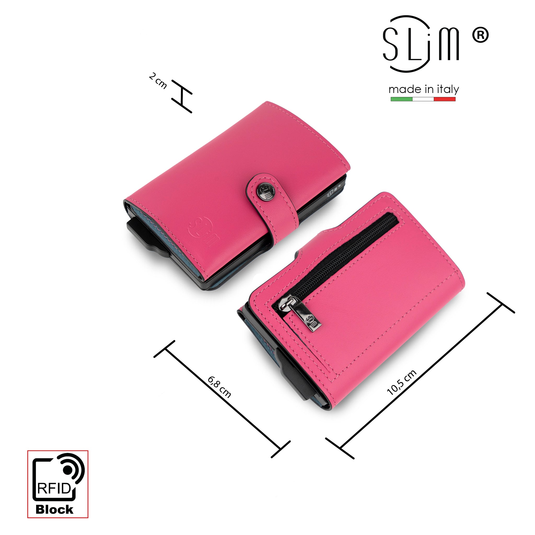 SLim Vera Pelle Portacarte Fucsia Azzurro Zip RFID