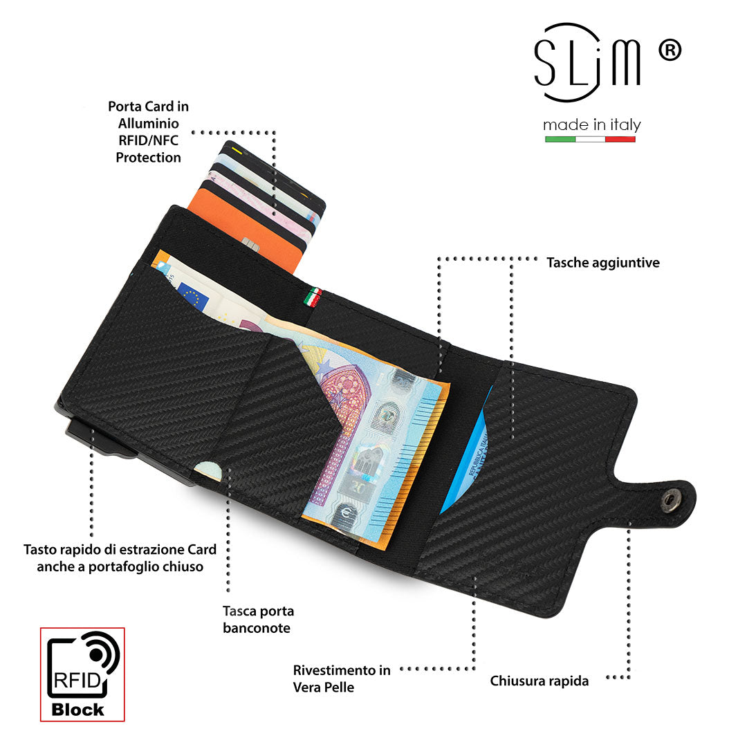 SLim Vera Pelle Carbon portafoglio compatto AirTag RFID