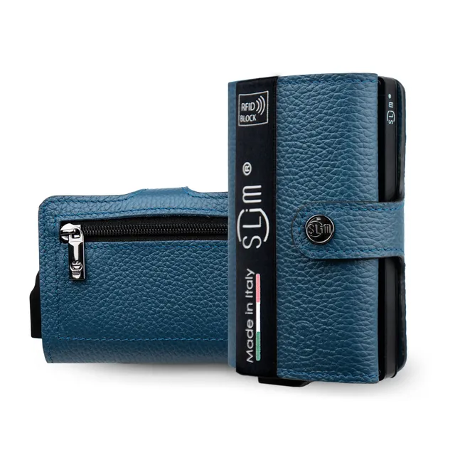 SLim Bottalato Blu Navy portafoglio pelle con zip monete RFID
