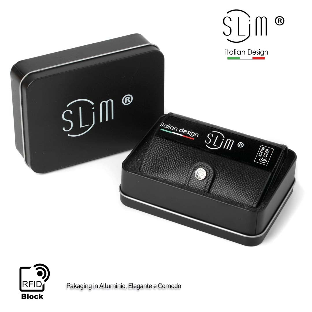 SLim Saffiano Nero portacarte zip pelle anti graffio