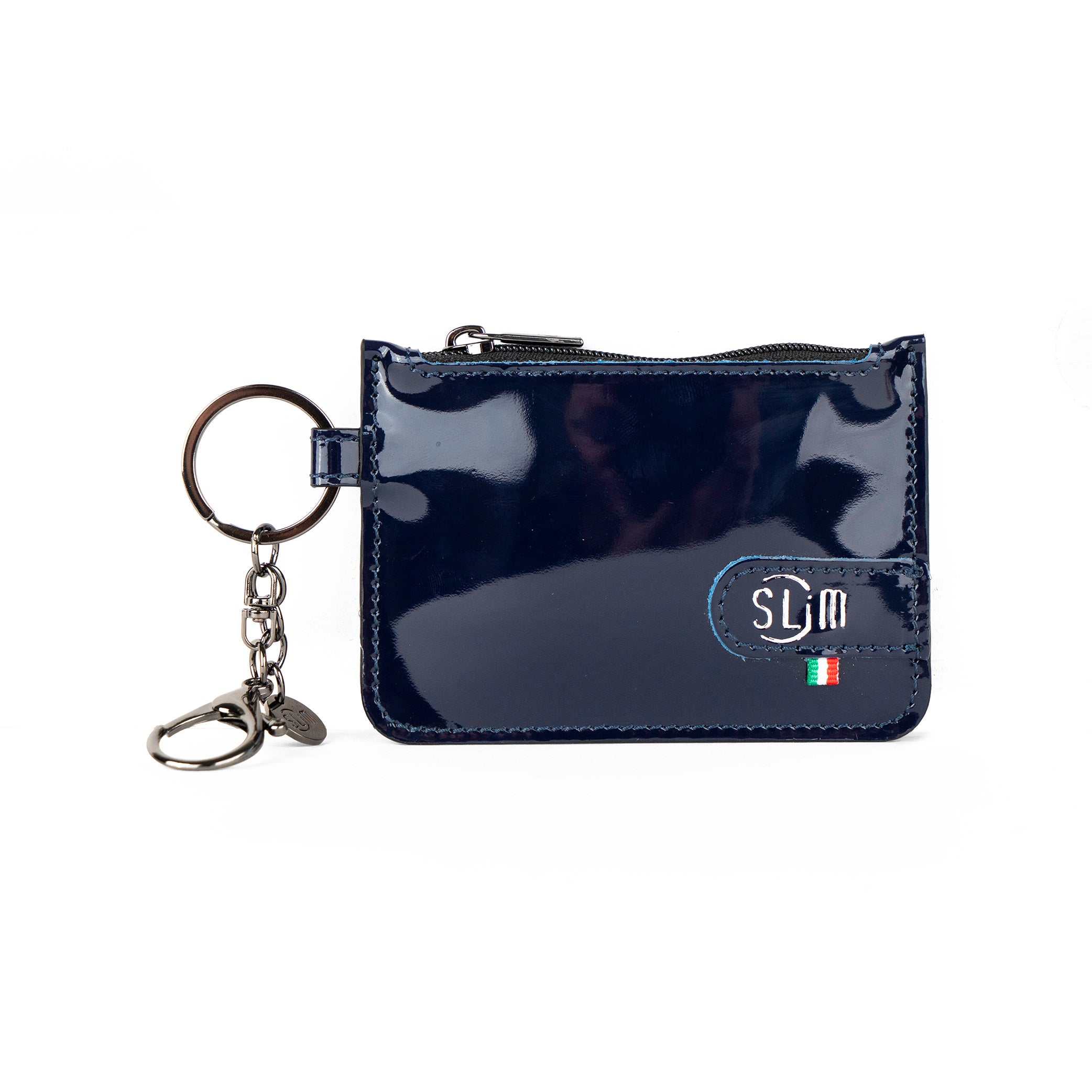 SLim Portachiavi portamonete pelle blu specchio 10x7 cm