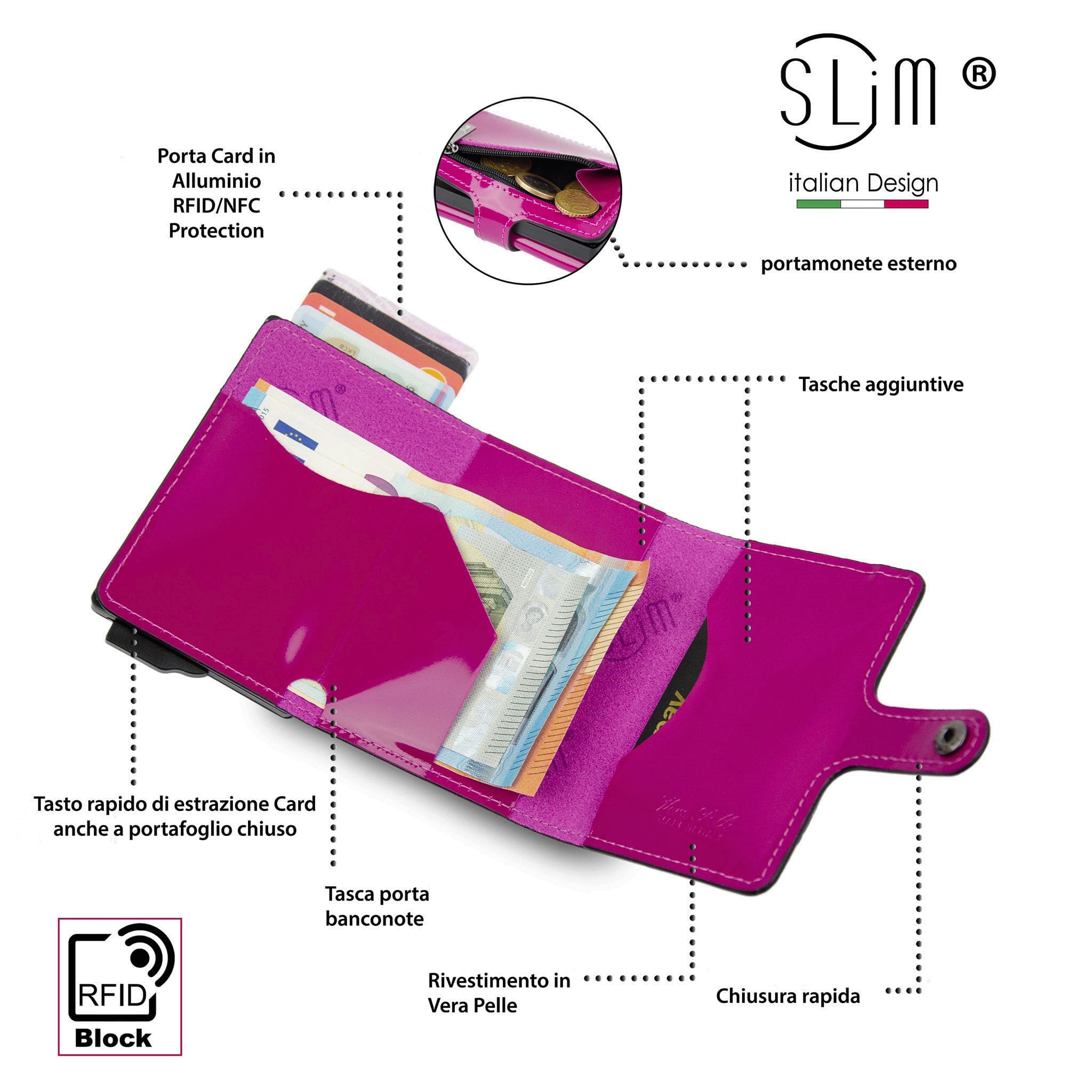 SLim Vera Pelle Specchio Portafoglio Compatto Fucsia Zip RFID