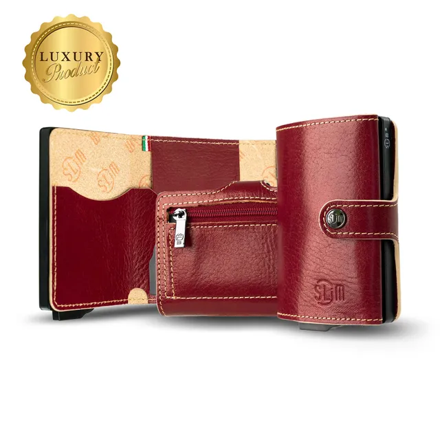 SLim Vera Pelle Portafoglio Rosso Concia Vegetale Zip RFID