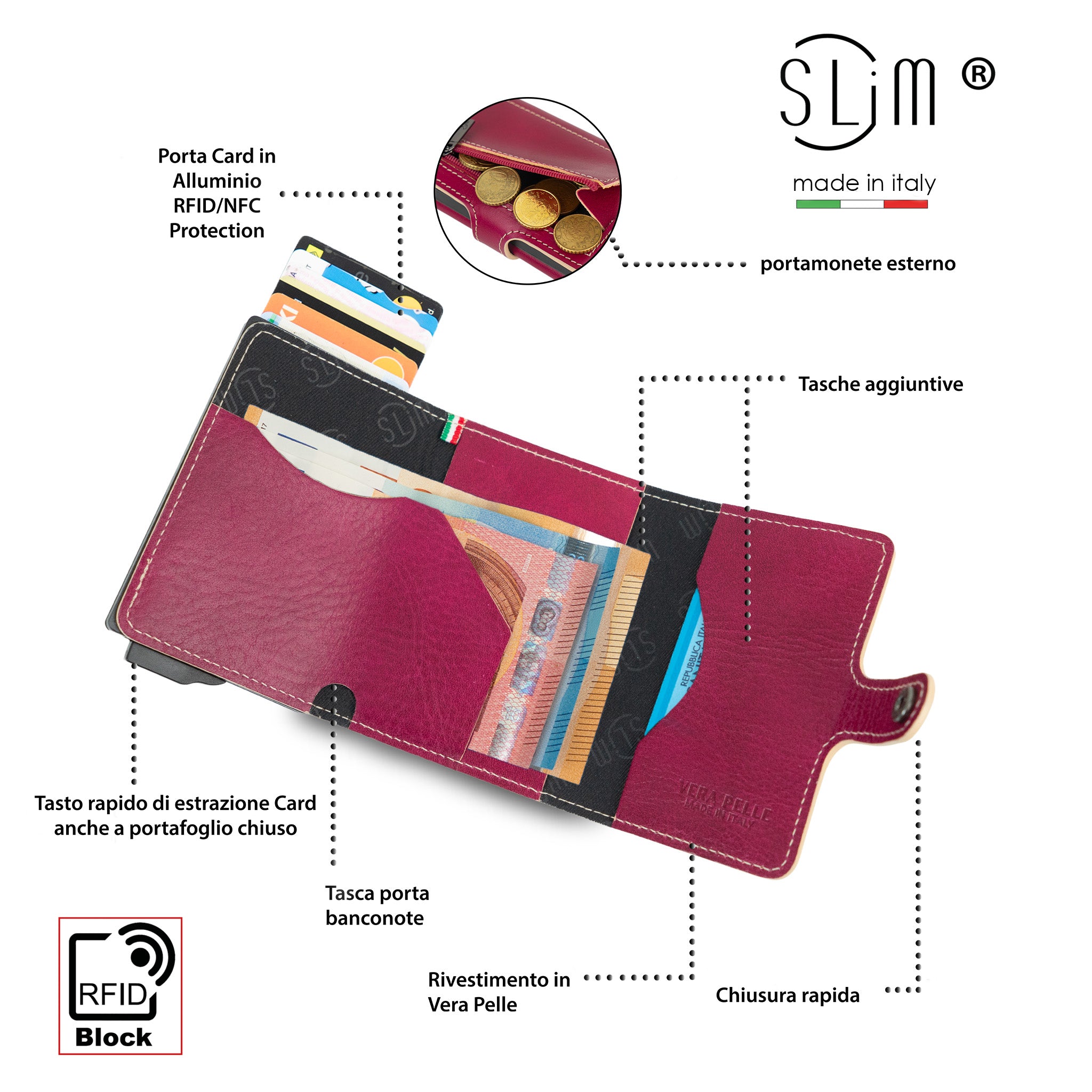 SLim Vera Pelle portacarte fucsia zip RFID 12 carte