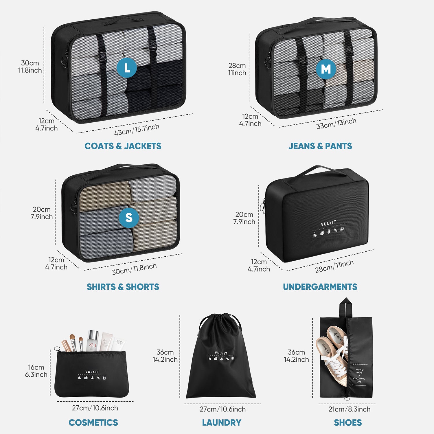 VULKIT Travel Gear VTB100 organizer valigia 7 pezzi nero impermeabile