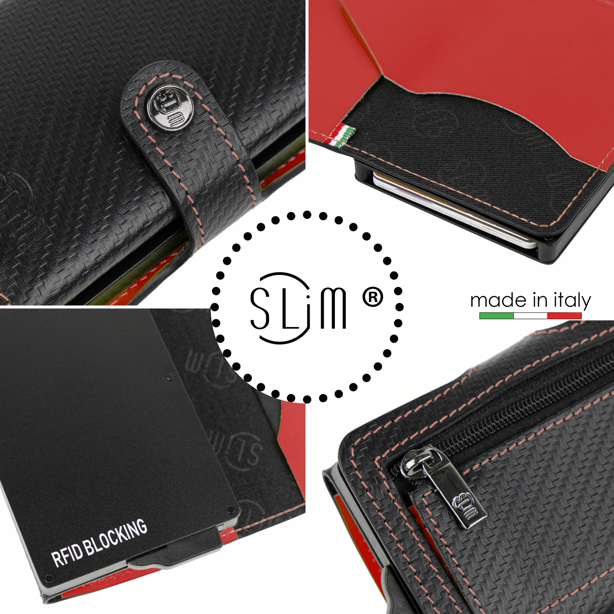SLim Vera Pelle Carbon Nero Rosso Zip portafoglio compatto RFID