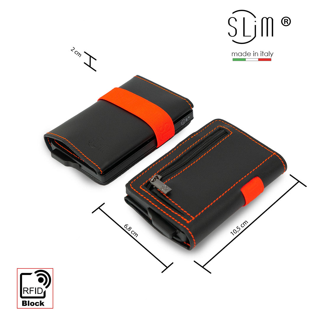 SLim Vera Pelle Nero Elastico Zip Portafoglio Compatto Monete