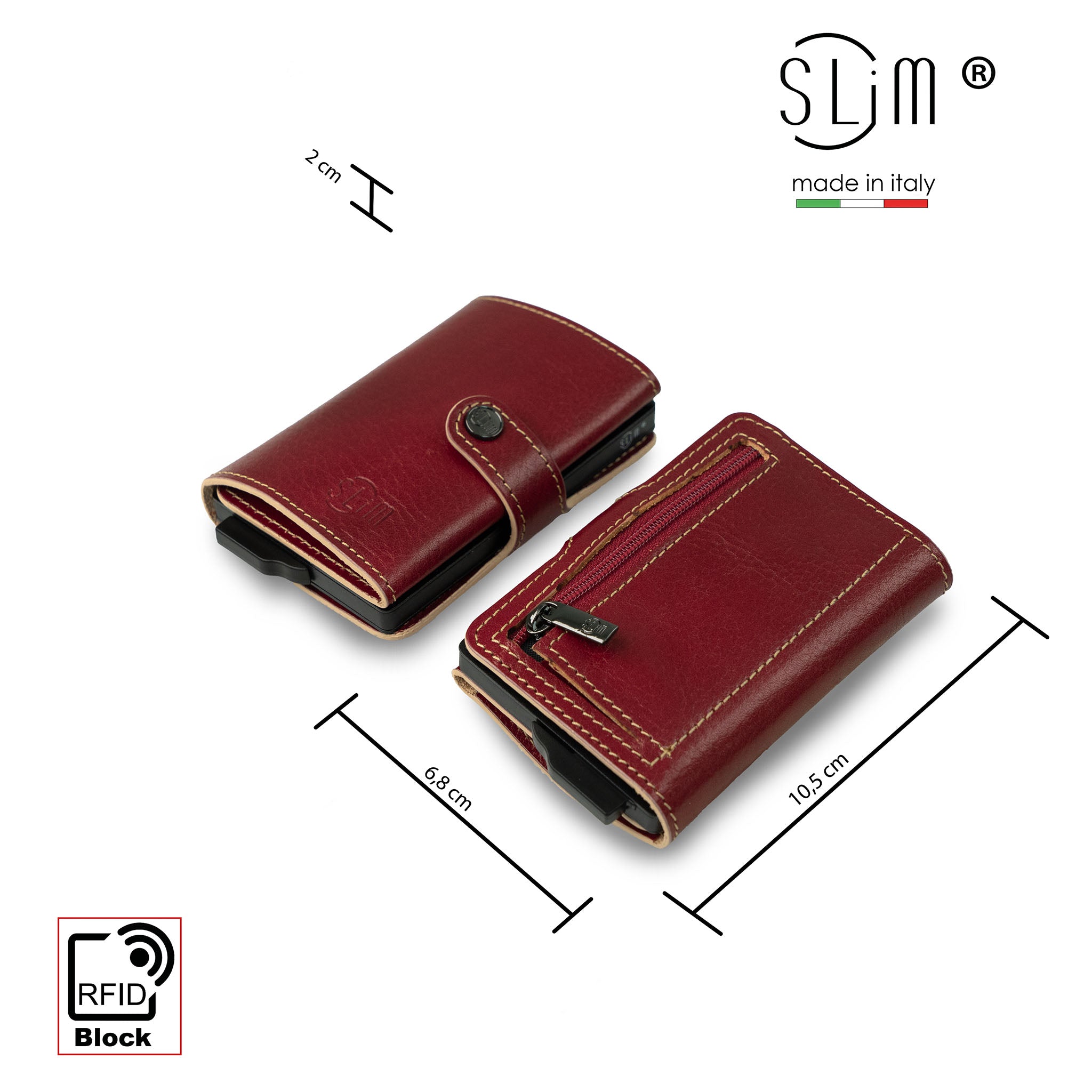 SLim Vera Pelle Portafoglio Rosso Concia Vegetale Zip RFID
