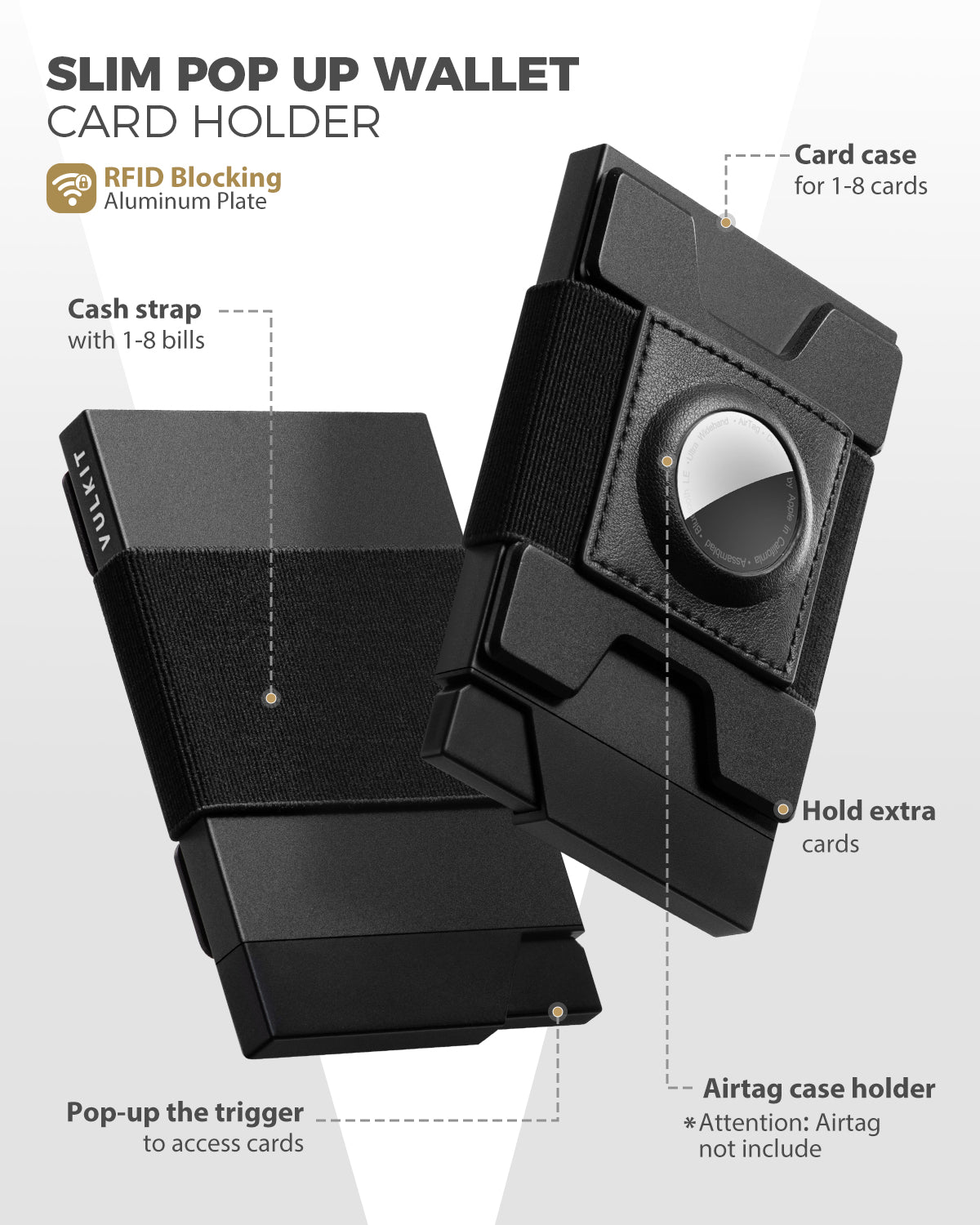 VULKIT VC407 portafoglio AirTag pelle nero 12 carte RFID