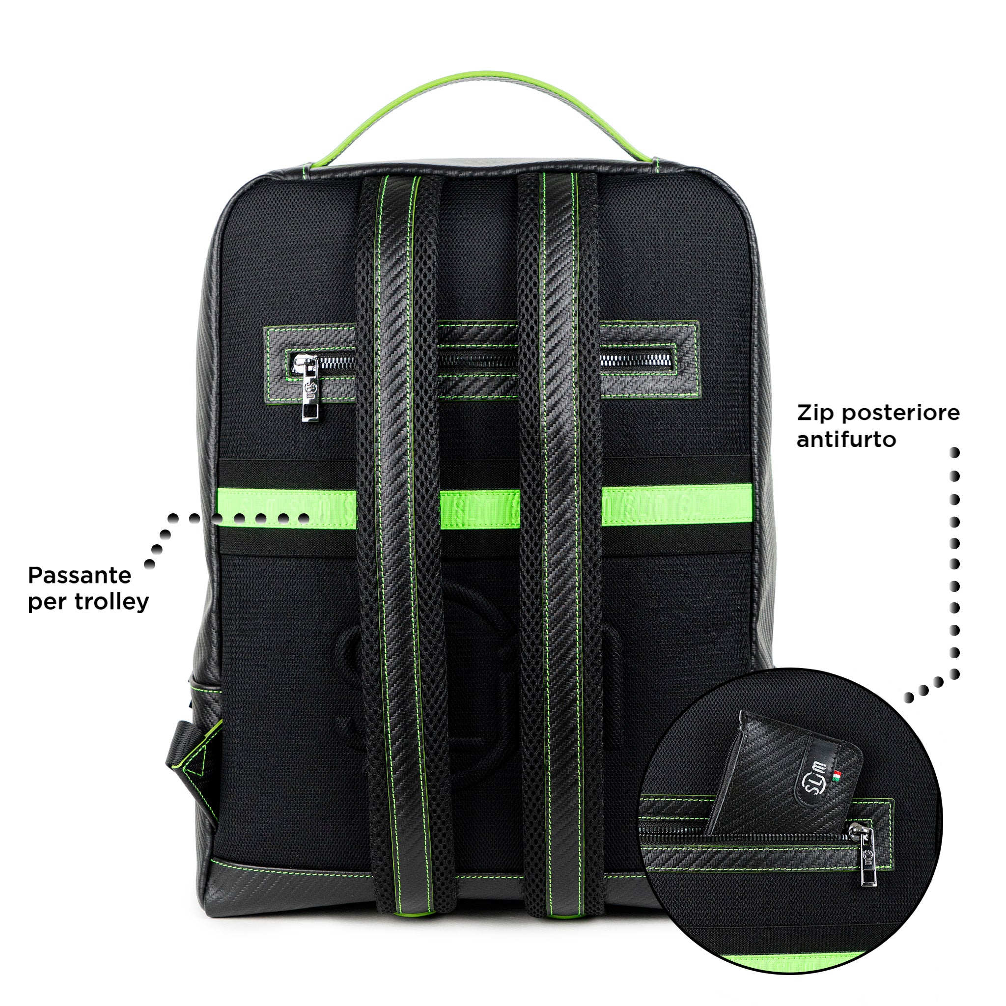 SLim Zaino Vera Pelle Carbon Nero cuciture Verdi 19 L
